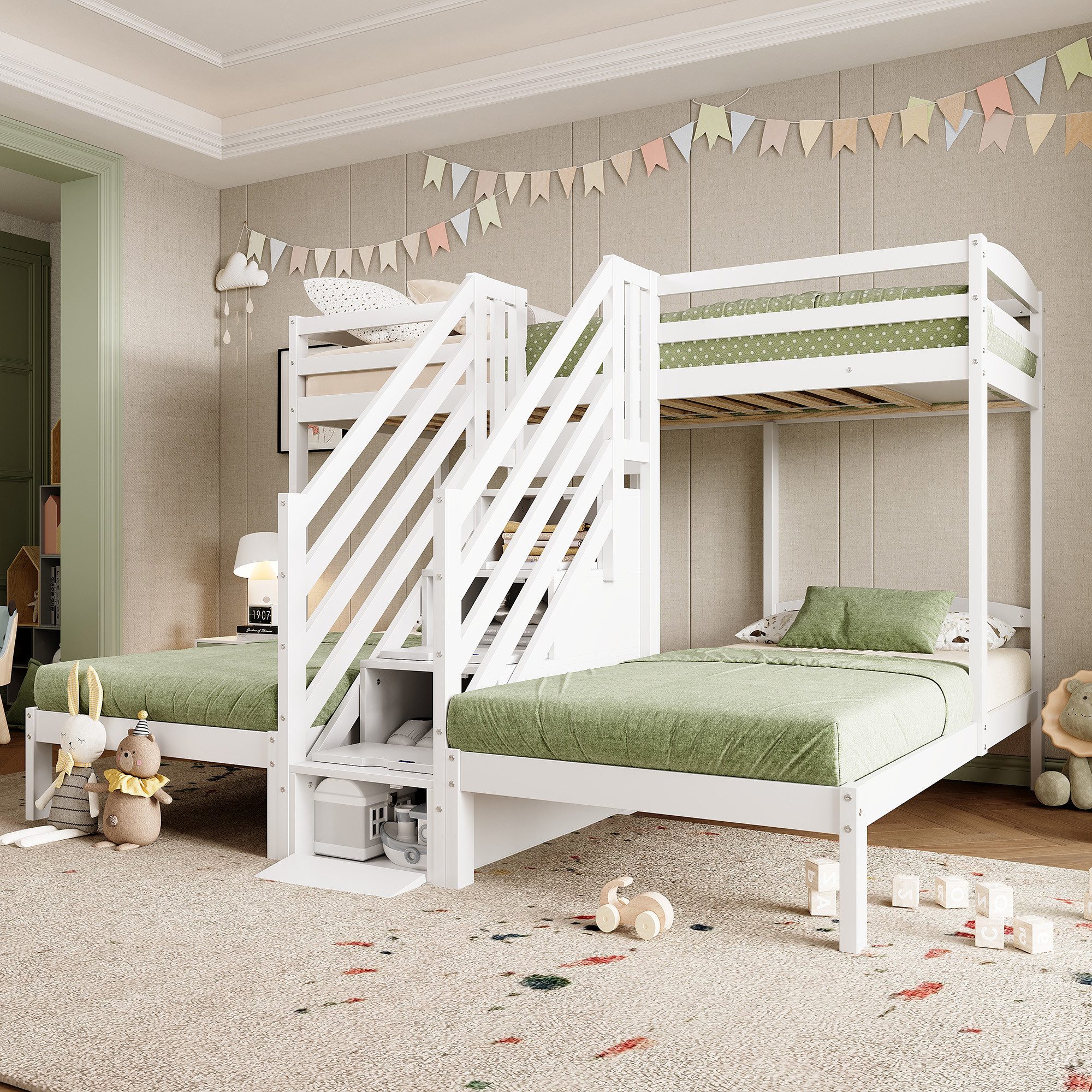 Flieks Etagenbett, Kinderbett Dreierbett 90x200cm mit Stauraumtreppe und Geländer