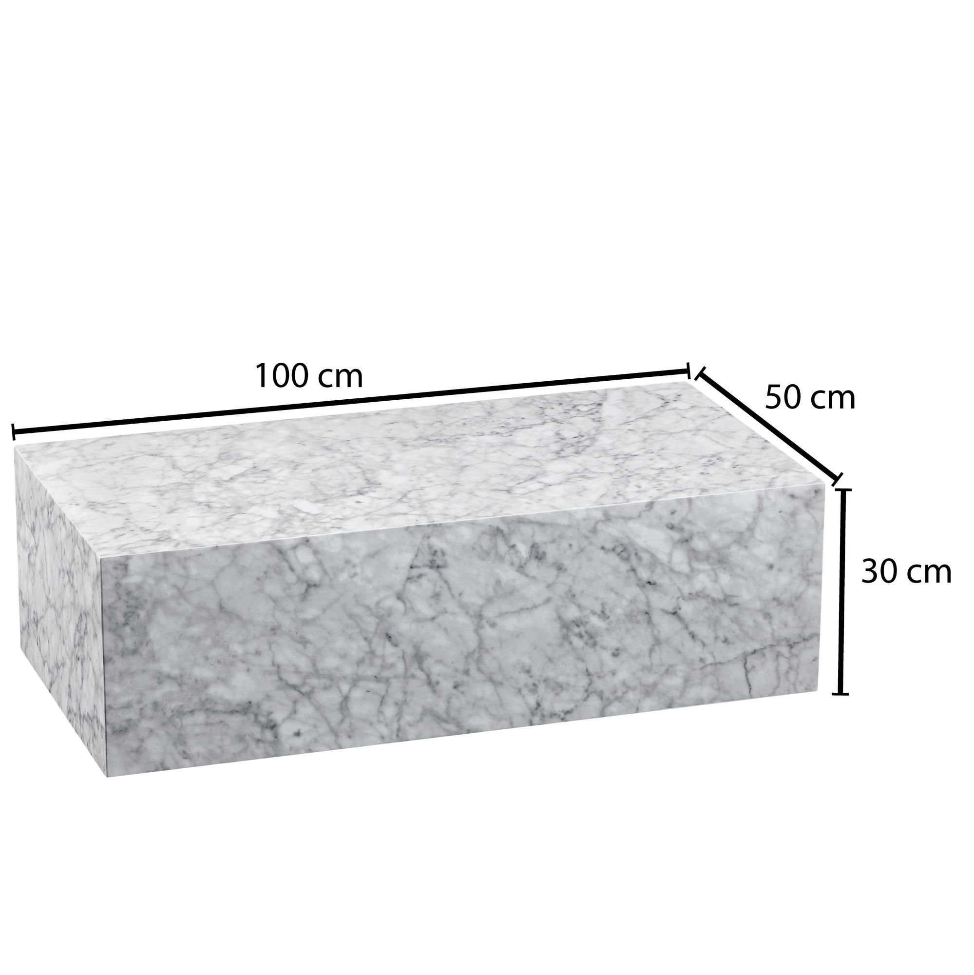 MONOBLOC Lounge Design Couchtisch Marmor Cube cm MDF Couchtisch 100x30x50 Weiß, Beistelltisch Tisch möbelando Wohnzimmertisch MONOBLOC MDF Rechteckig, Hochglanz Hochglanz, mit 100x30x50 Optik cm Couchtisch