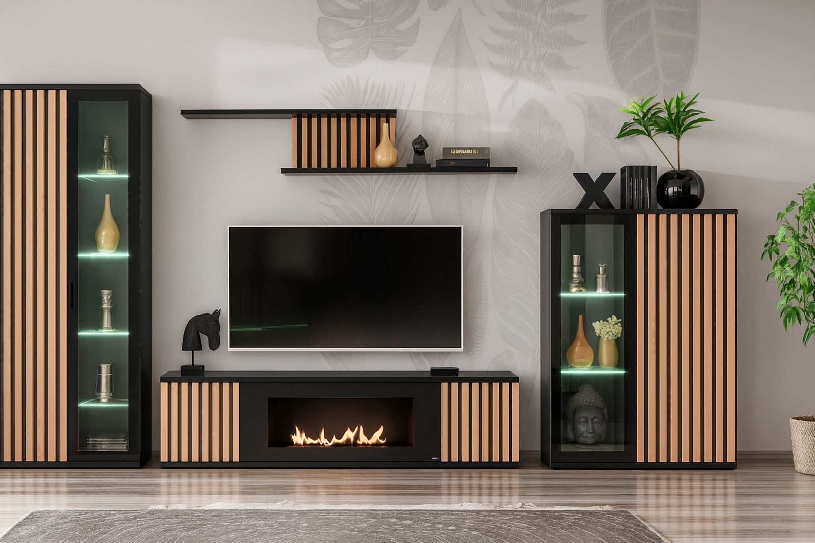 Furn.Design Wohnwand Morgan, (in schwarz matt mit Eiche Lamellen, 4-St., integrierter Kamin), Push-to-Open Funktion, inkl. Beleuchtung