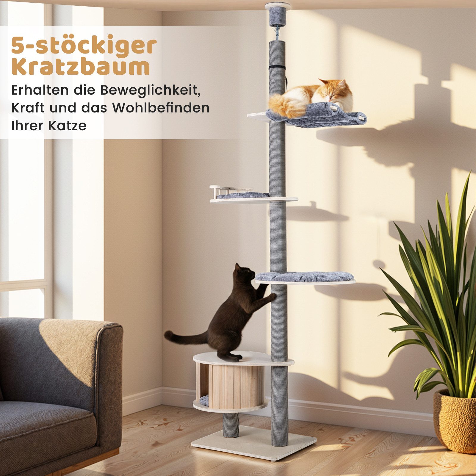 COSTWAY Kratzbaum, 5-stöckiger Katzenbaum, Kletterbaum deckenhoch, 236-271 cm