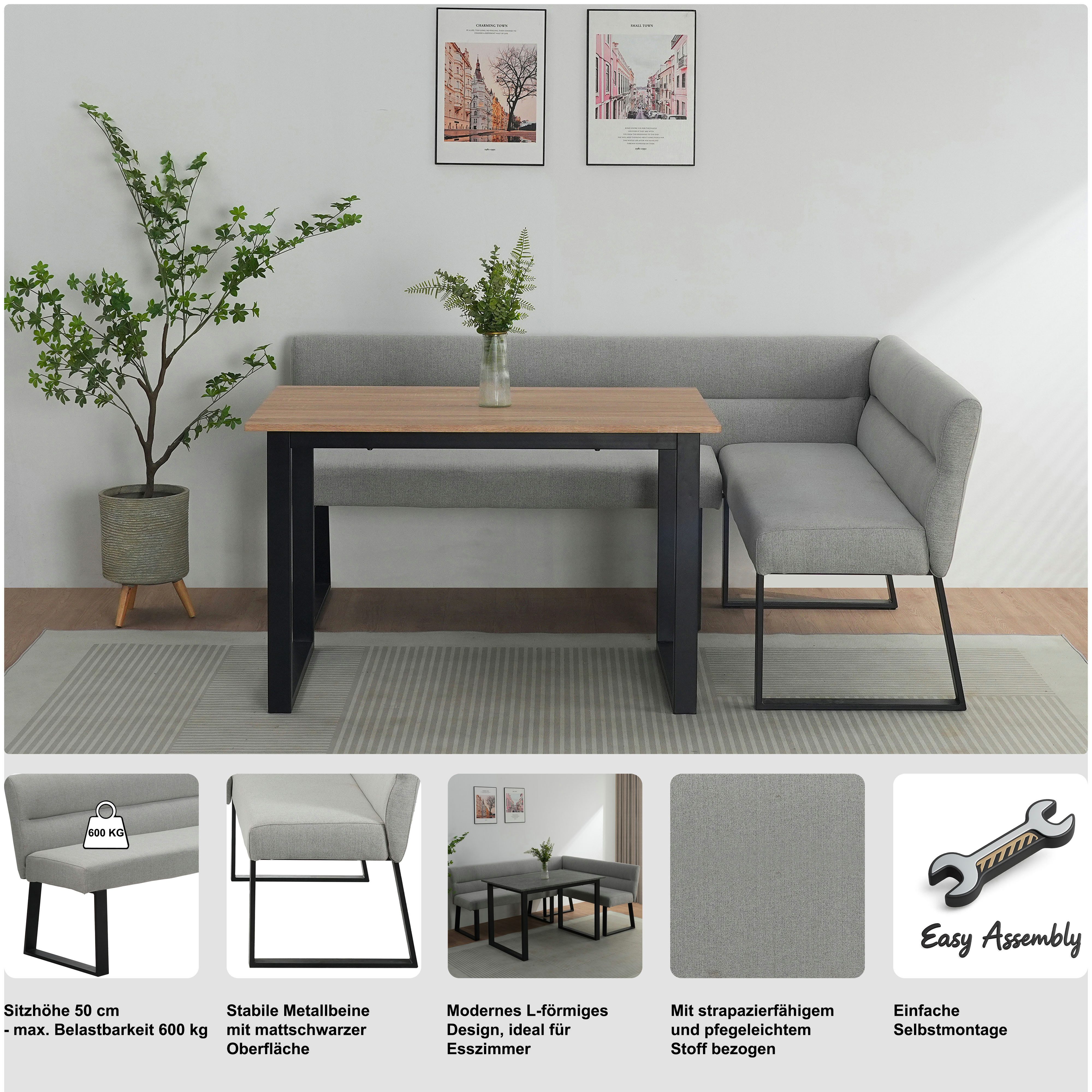OTTO home Essbank Ivanna, schwarzes Metallgestell, Webstoff Bezug, Breite 193/152