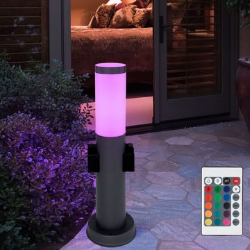 etc-shop LED Außen-Stehlampe, Leuchtmittel inklusive, Warmweiß, Farbwechsel, LED Sockelleuchte Außen Edelstahl mit 2 Steckdosen