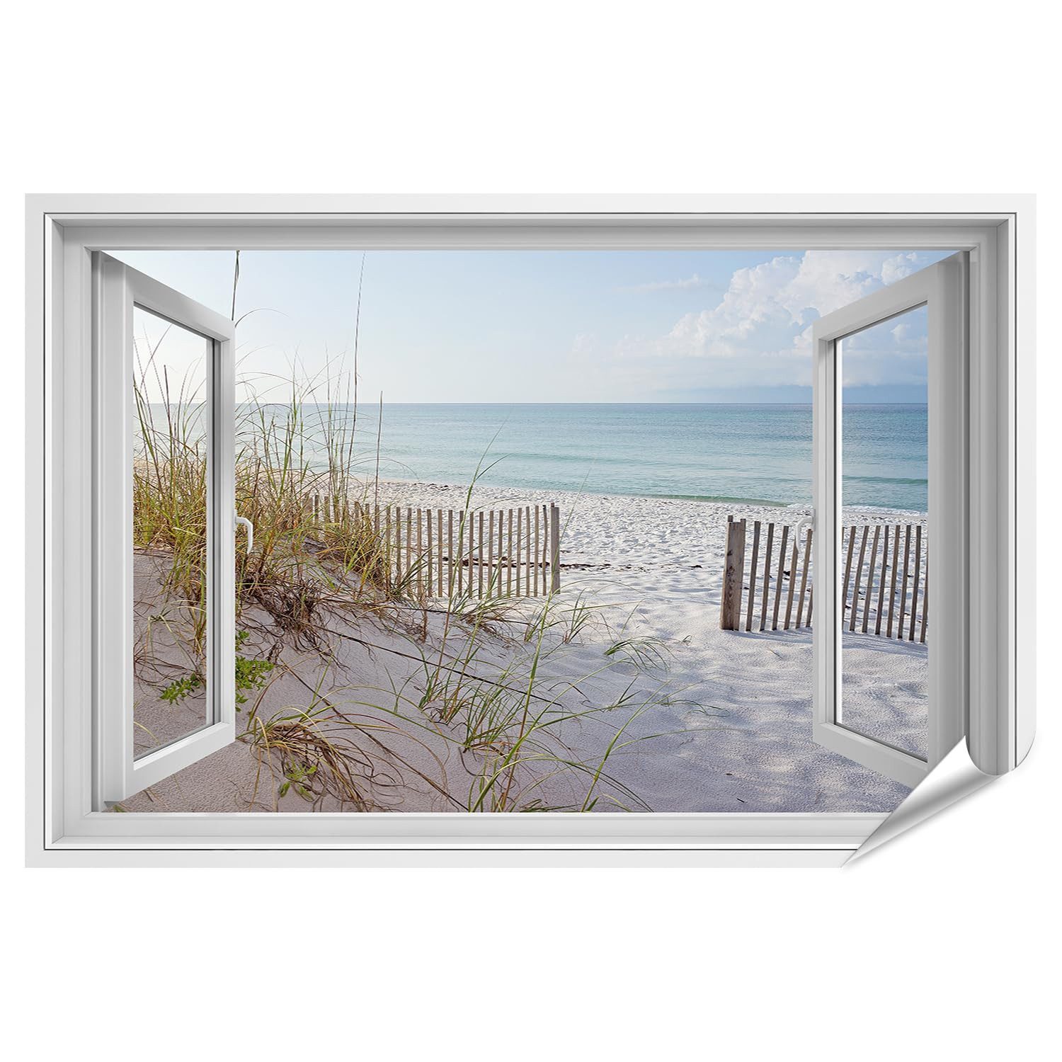islandburner Poster Offenes Fenster mit Blick auf Strand und Meer Fotodruck