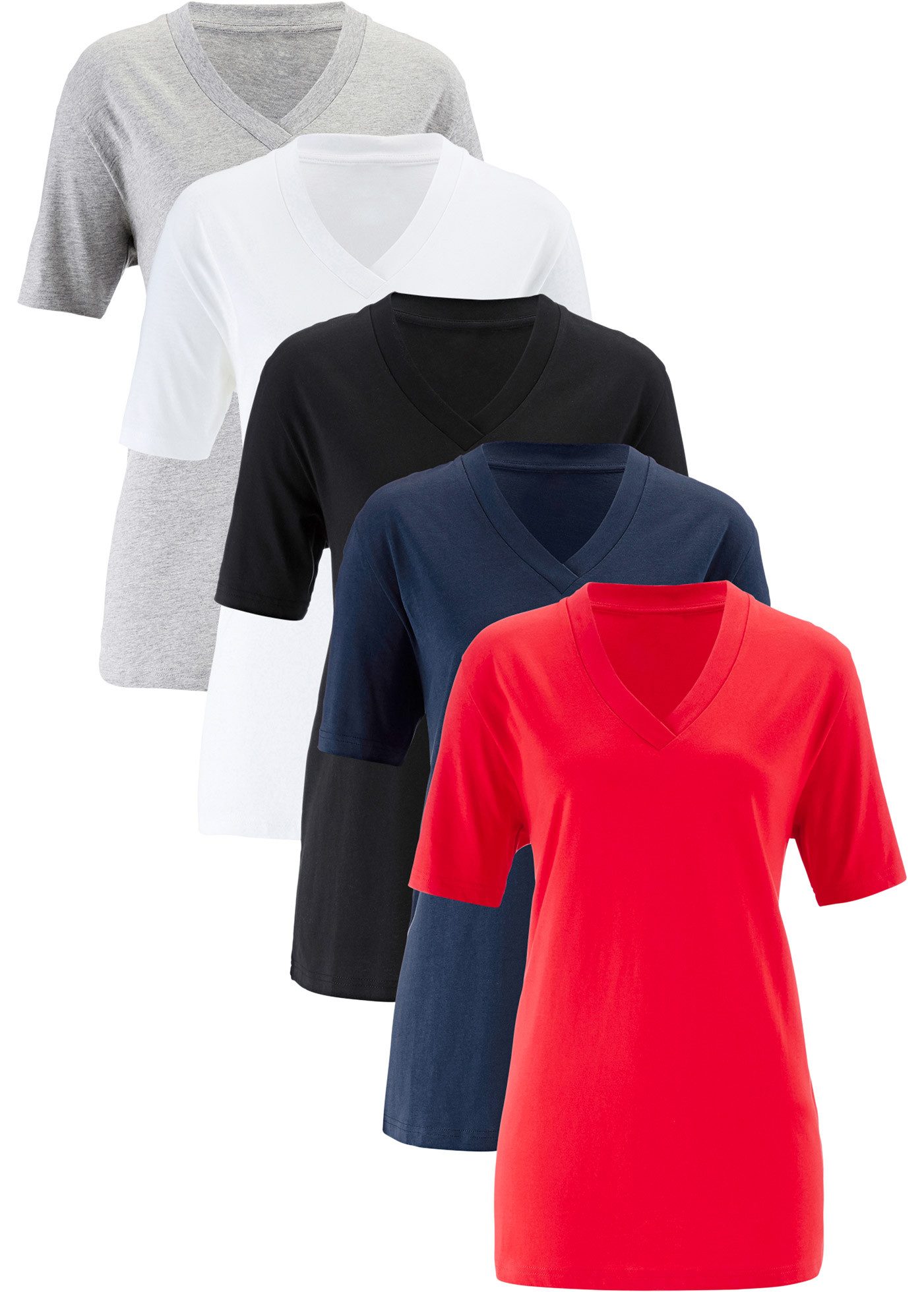 bonprix Longshirt (Packung, 5-tlg) lockere Passform, Kurzarm, mit V-Ausschnitt, unifarben