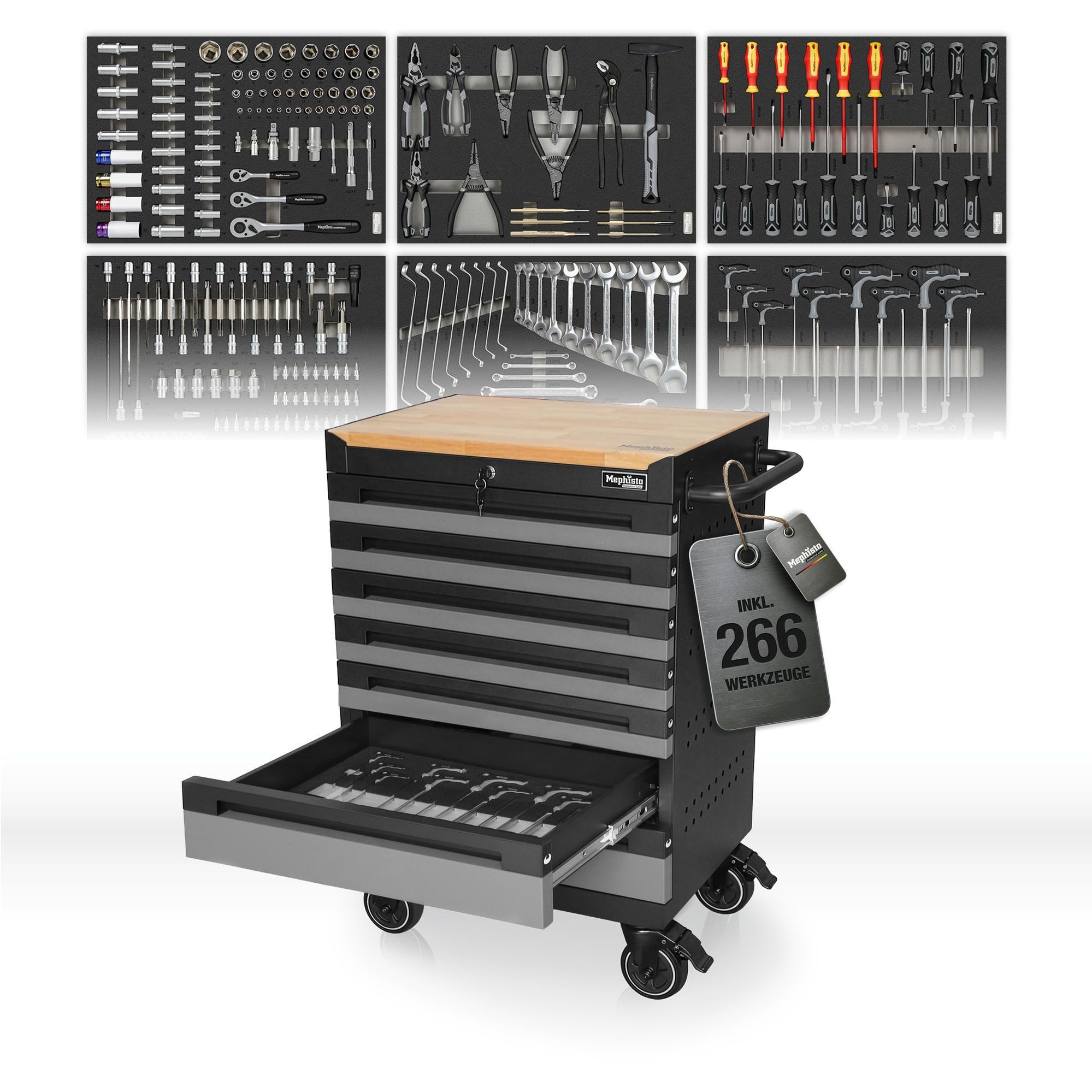 Mephisto-Tools Werkzeugwagen, (fertig montiert und bestückt), 7 Schubladen abschließbar & bis zu 40 kg belastbar, 2 Schlüssel inkl.