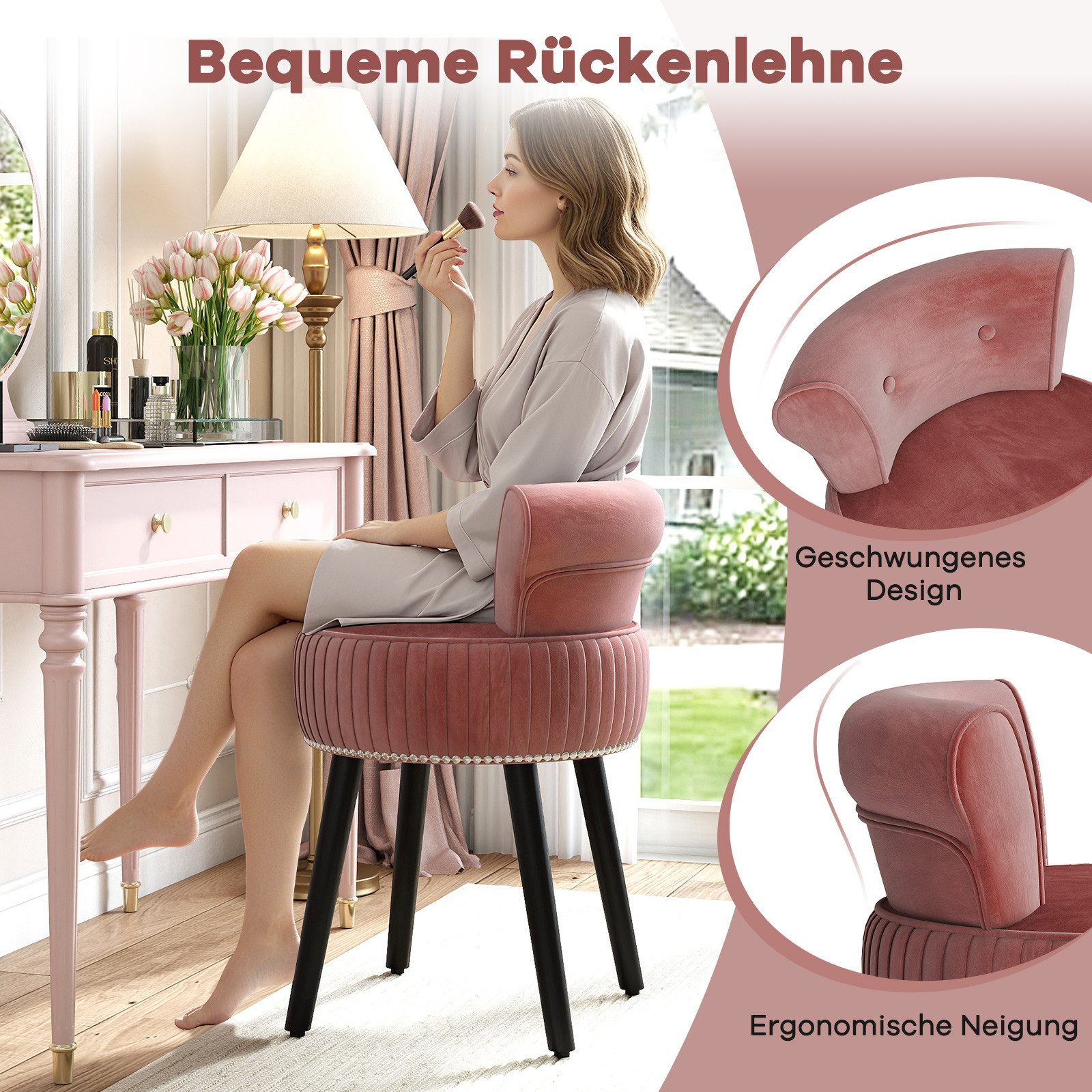 COSTWAY Sitzhocker, Samt Schminkhocker mit Lehne gepolstert Holz