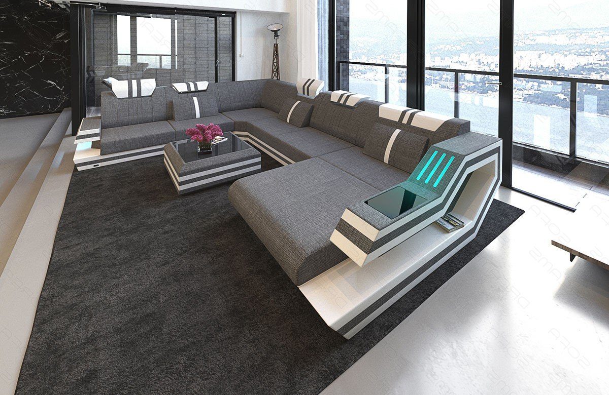 Ravenna mit XXL Stoff Couch Sofa Wohnlandschaft Sofa Dreams wahlweise Strukturstoff Polster grau-weiß H Bettfunktion Stoffsofa,
