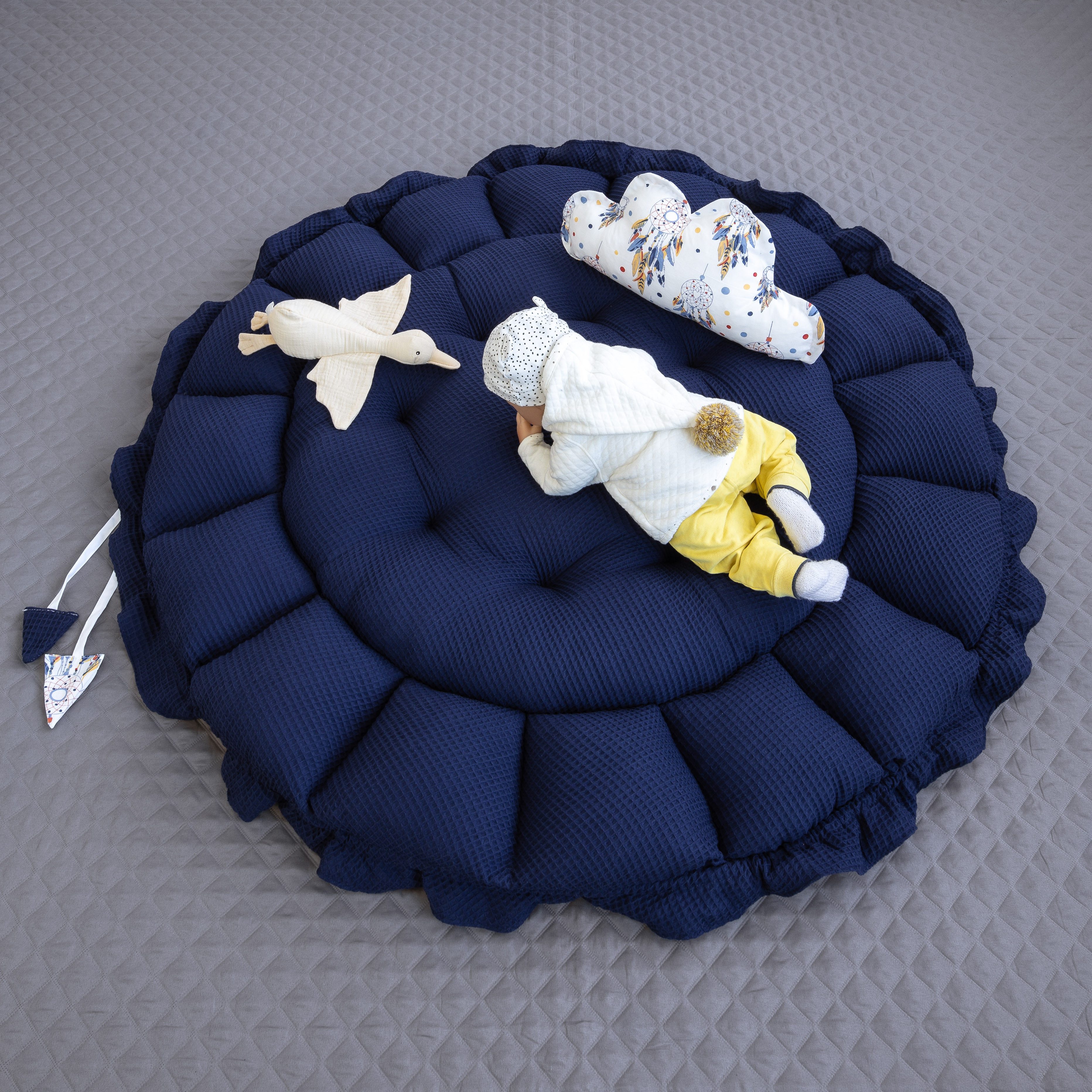 Loolay Bettnestchen Zweiseitig ENGELSNEST XXL Premium WAFFELPIQUE + Decke + Kissen, (Waffepique DUNKELBLAU/ Traumfänger ECRU Ausstattung SET, 2-tlg., Babynestchen Waffel Baumwolle BABYNEST Krabbeldecke Reisebett), Babynestchen Waffel Baumwolle BABYNEST Spielmatte Krabbeldecke