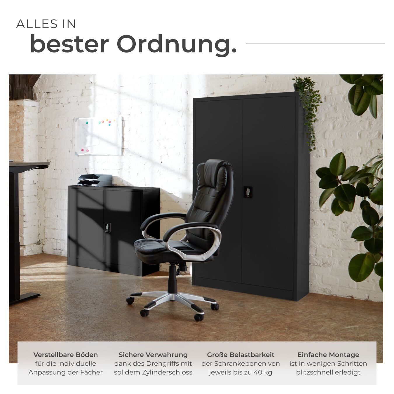 tectake Aktenschrank Abschließbarer Schrank mit höhenverstellbaren Böden (Schreibtischschrank, 1-St., in schwarz) Hochwertiger Stahl, stabiler Stand