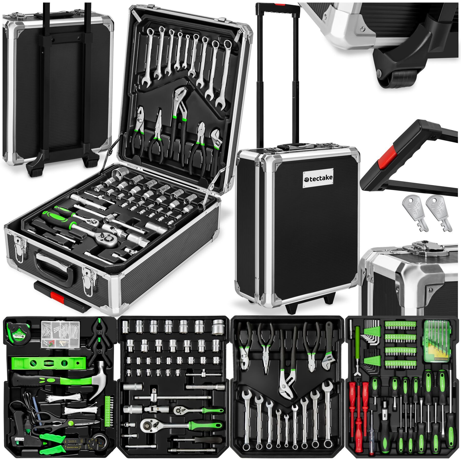 tectake Werkzeugtrolley Werkzeugkoffer alu mit 1200 Teilen und 4 Ebenen (leerer Aluminium Werkzeugkoffer, in schwarz), rollen und teleskopgriff für einfache mobilität