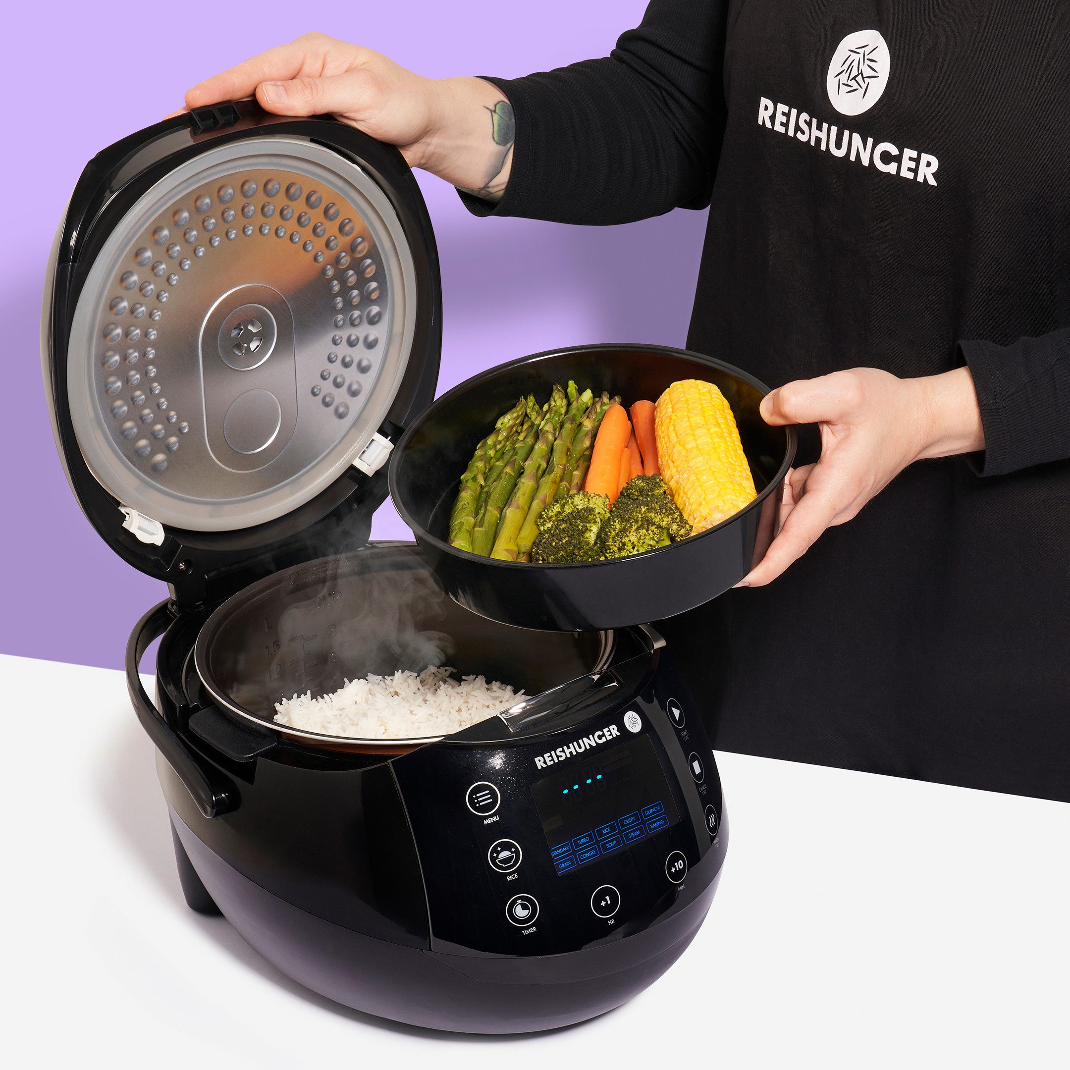 Reishunger Reiskocher REISHUNGER Digitaler Reiskocher, schwarz, 1,5L, Kennenlernset, 860 W, Fuzzy Logic mit 7-Kochphasen-Technologie