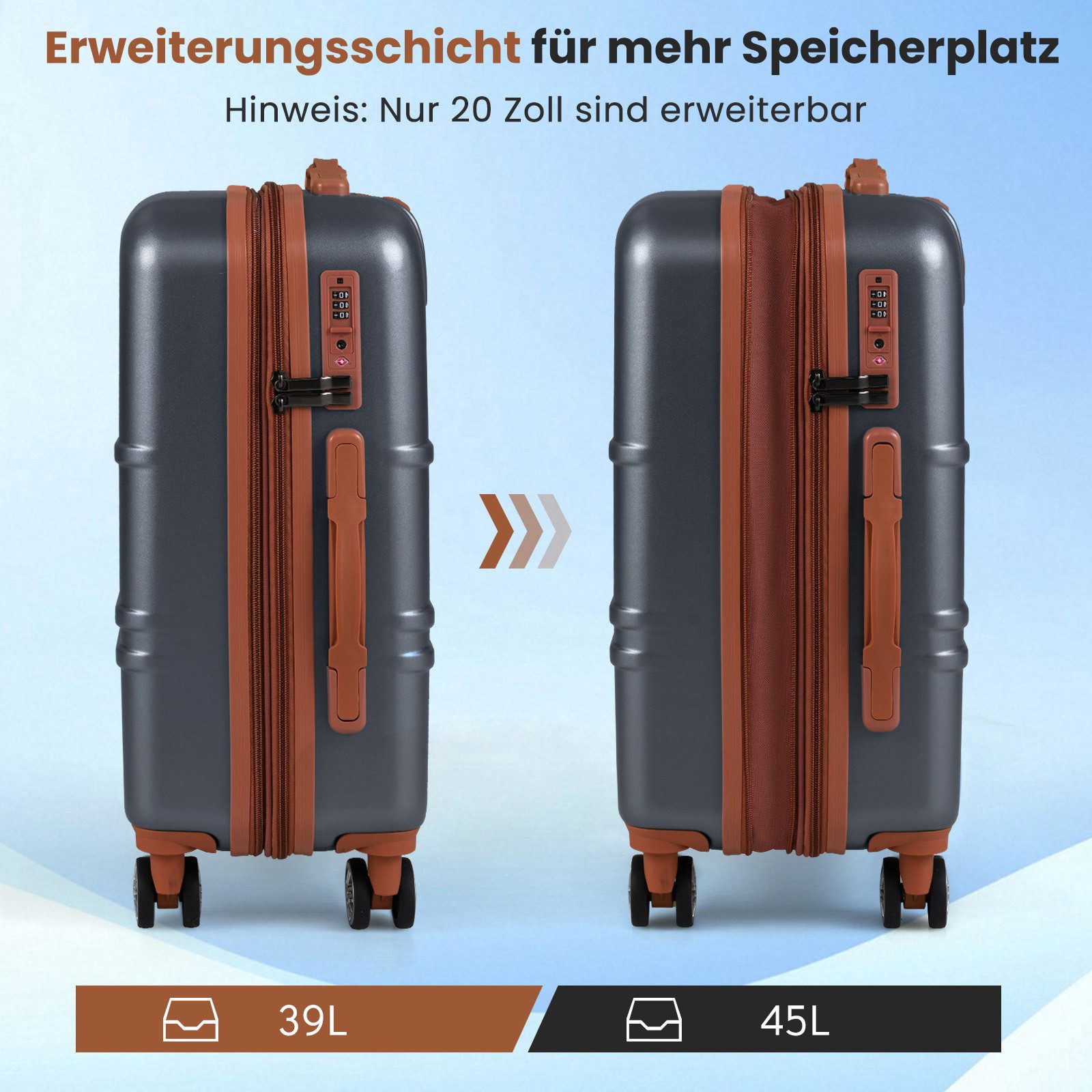 COSTWAY Hartschalen-Trolley, 4 Rollen, 3-teiliges Kofferset mit TSA-Schloss