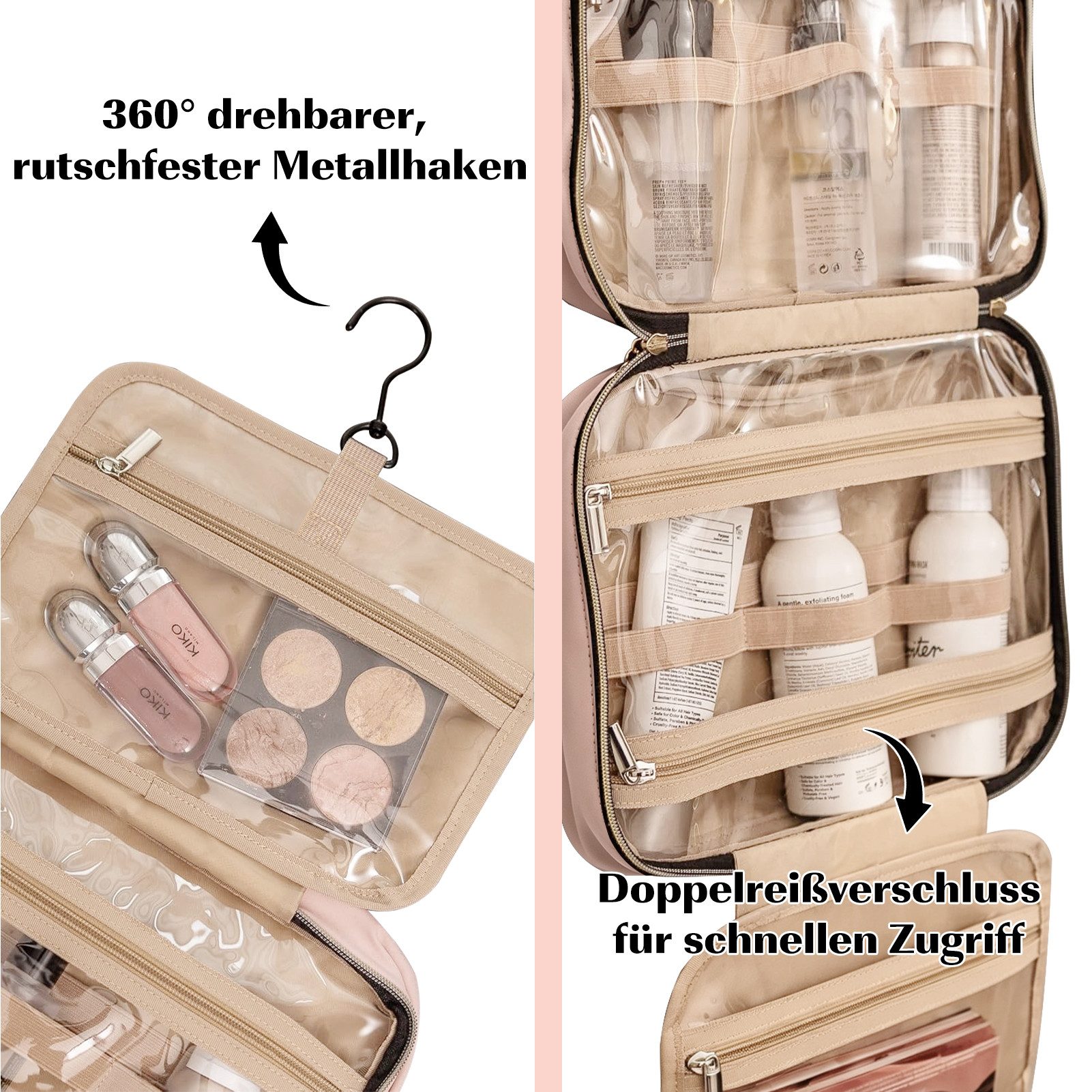 OSTWOLKE Kulturbeutel Reise Kulturtasche Damen Wasserabweisende Kulturbeutel zum Aufhängen, Kosmetiktasche mit 4 Fächer, elastische Bänder, 360° Haken, Doppel-R – Bild 4 von 5