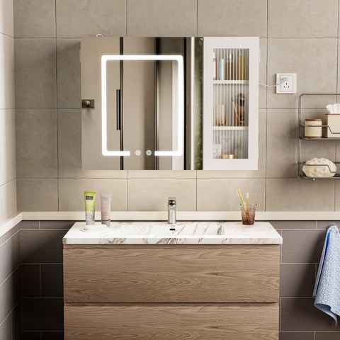 TWSOUL Spiegelschrank Spiegelschränke mit LED-Beleuchtung, Badezimmerschränke 80cm*60cm*15.3cm, Antibeschlagfunktion, Dreifarbiges Licht einstellbar