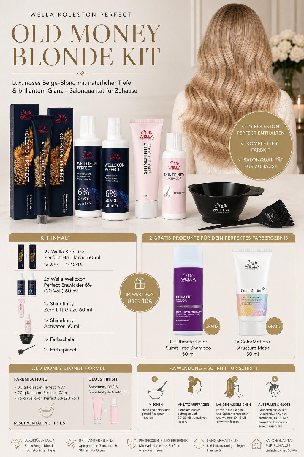 Wella Professionals Haarfarbe Perfect Color Kit - Old Money Blonde, Komplettes Färbeset mit Pflege, 11-tlg., Professionelles Salon-Finish für zu Hause
