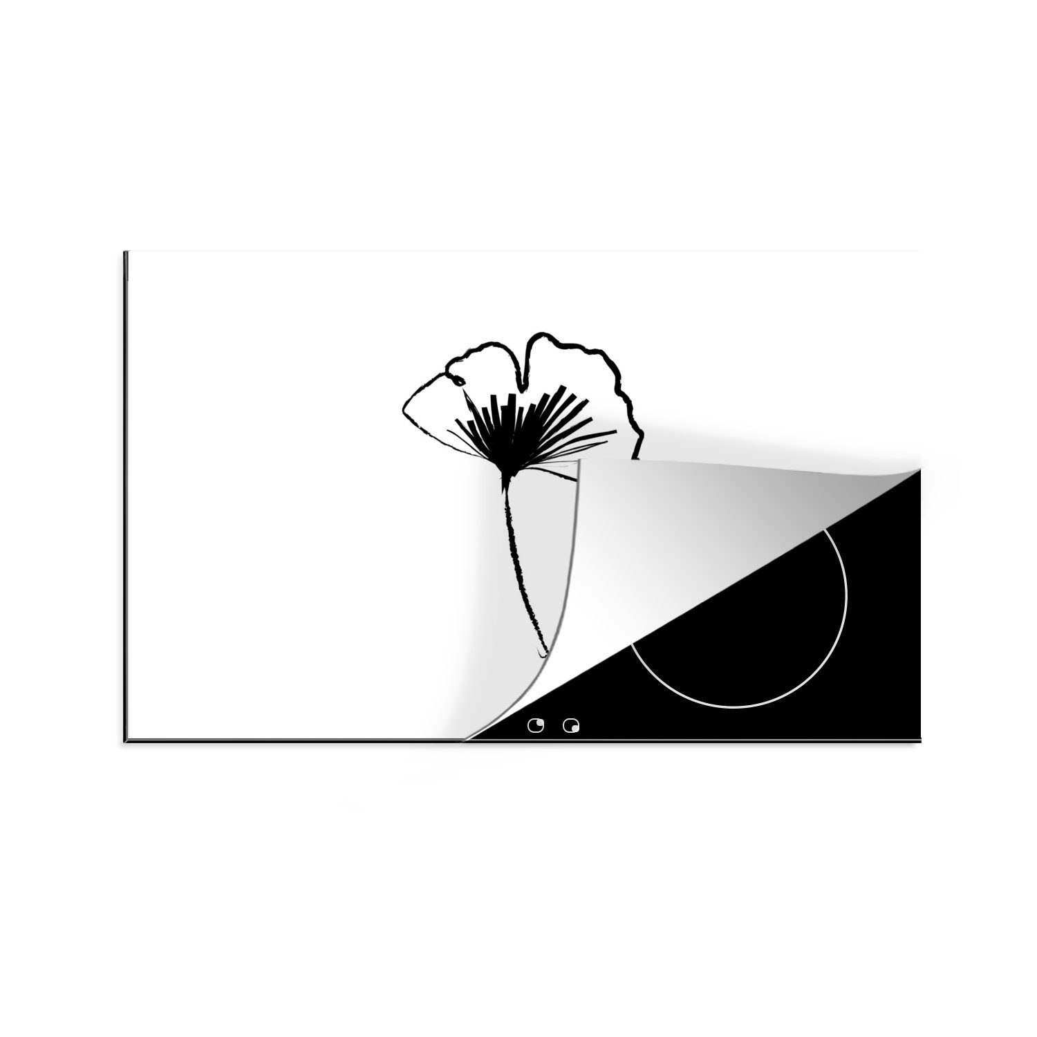 MuchoWow Herdblende-/Abdeckplatte Strichzeichnungen - Blumen - Schwarz - Weiß, Vinyl, (1 tlg), 81x52 cm, Induktionskochfeld Schutz für die küche, Ceranfeldabdeckung