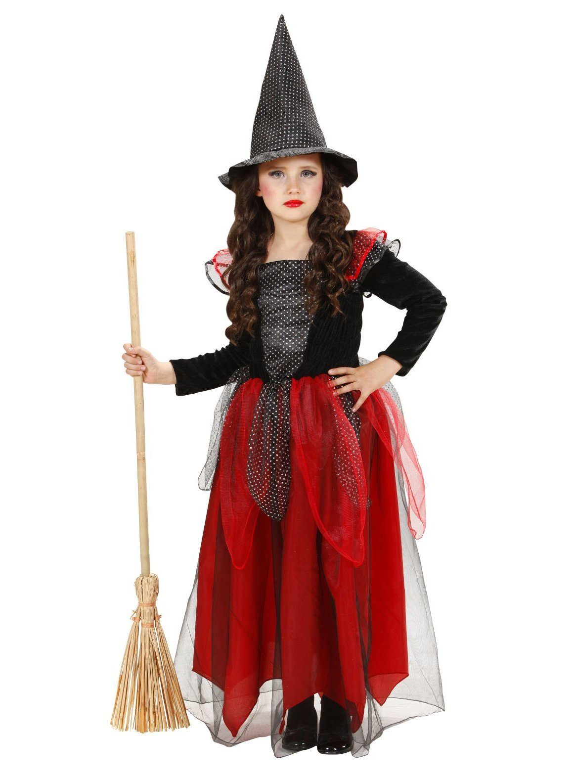 Widdmann Hexen-Kostüm Gifthexe - Halloween Kostüm Kinder Mädchen, Mit rotem und scharzem Netzstoff besetztes Hexenkostüm für Halloween