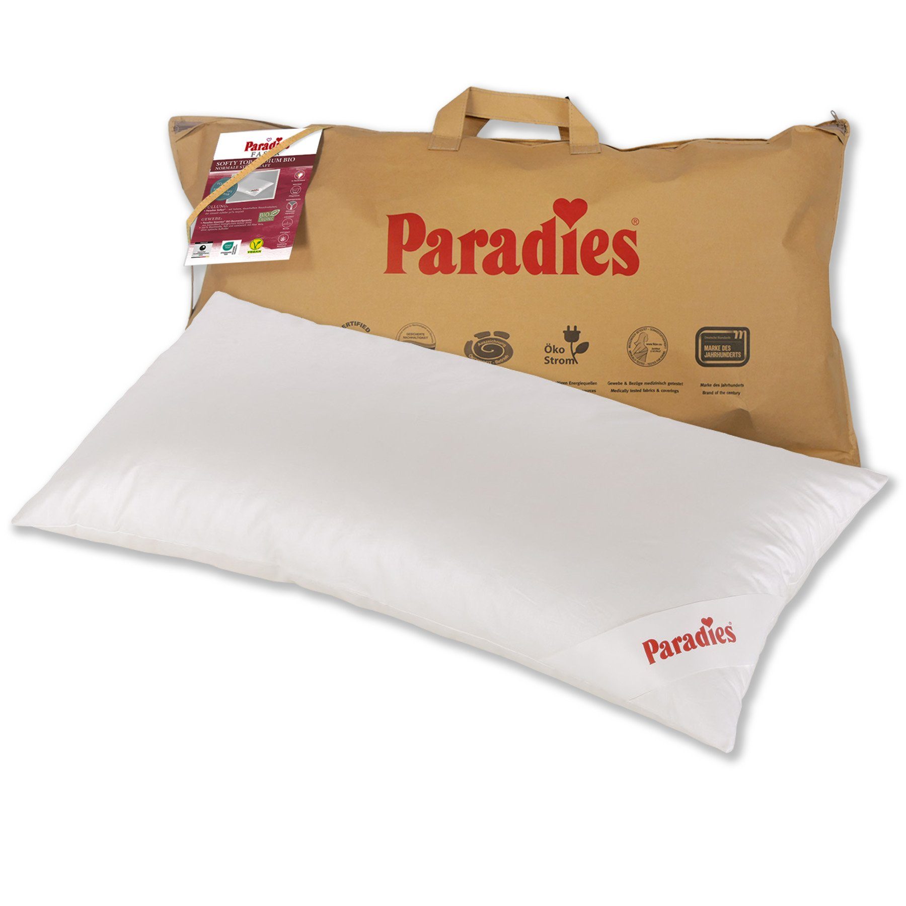 Paradies Kopfkissen Softy Top Bio, Füllung: 100% Polyester, Bezug: 100% Bio-Baumwolle, Bauchschläfer, Seitenschläfer, Rückenschläfer, hergestellt in Deutschland, Füllmengenanpassung durch Reißverschluss