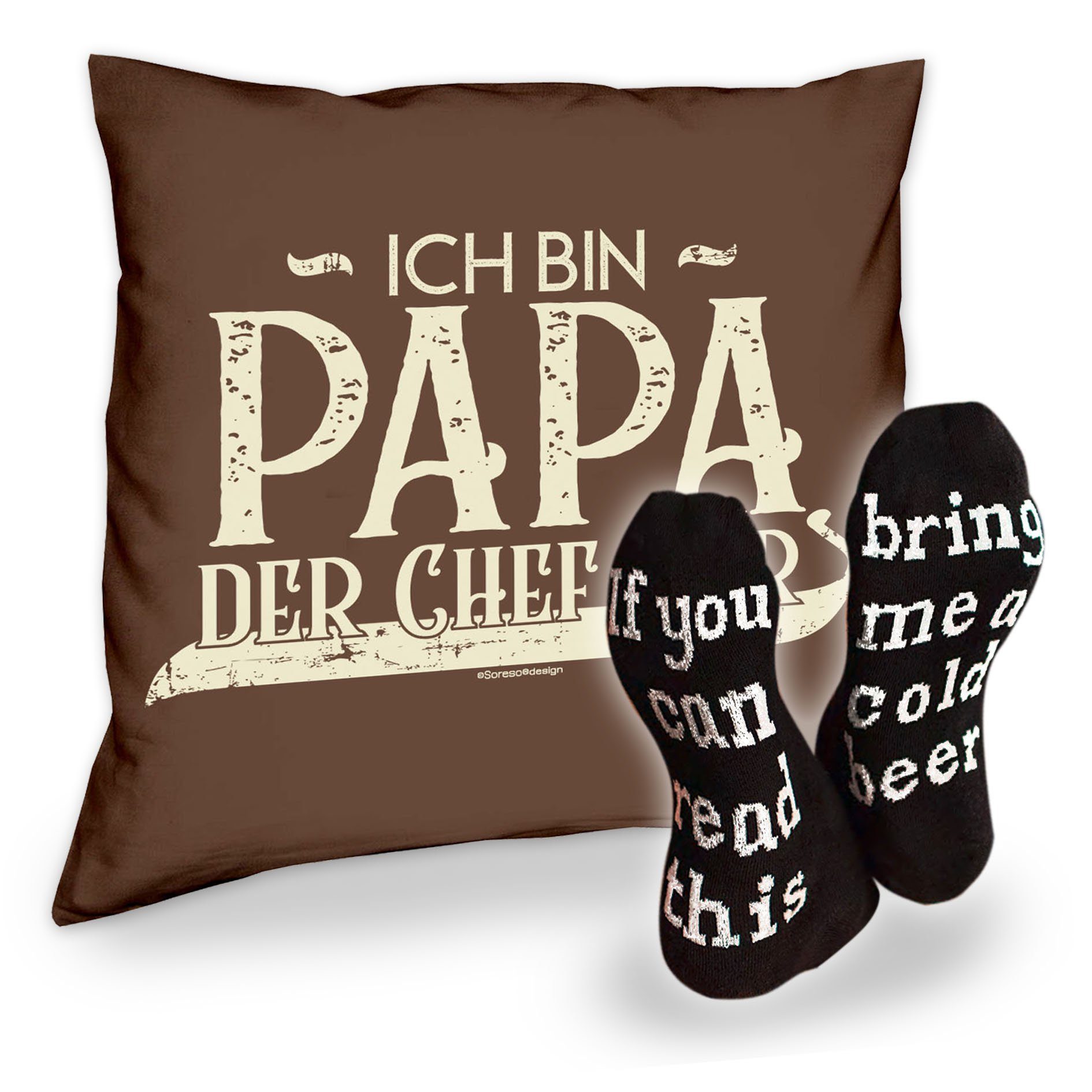 Vatertag hier Papa Weihnachten mit und Kissen Ich braun der Geschenk Dekokissen Socken Geburstag Bier bin Soreso® Spruch, Chef