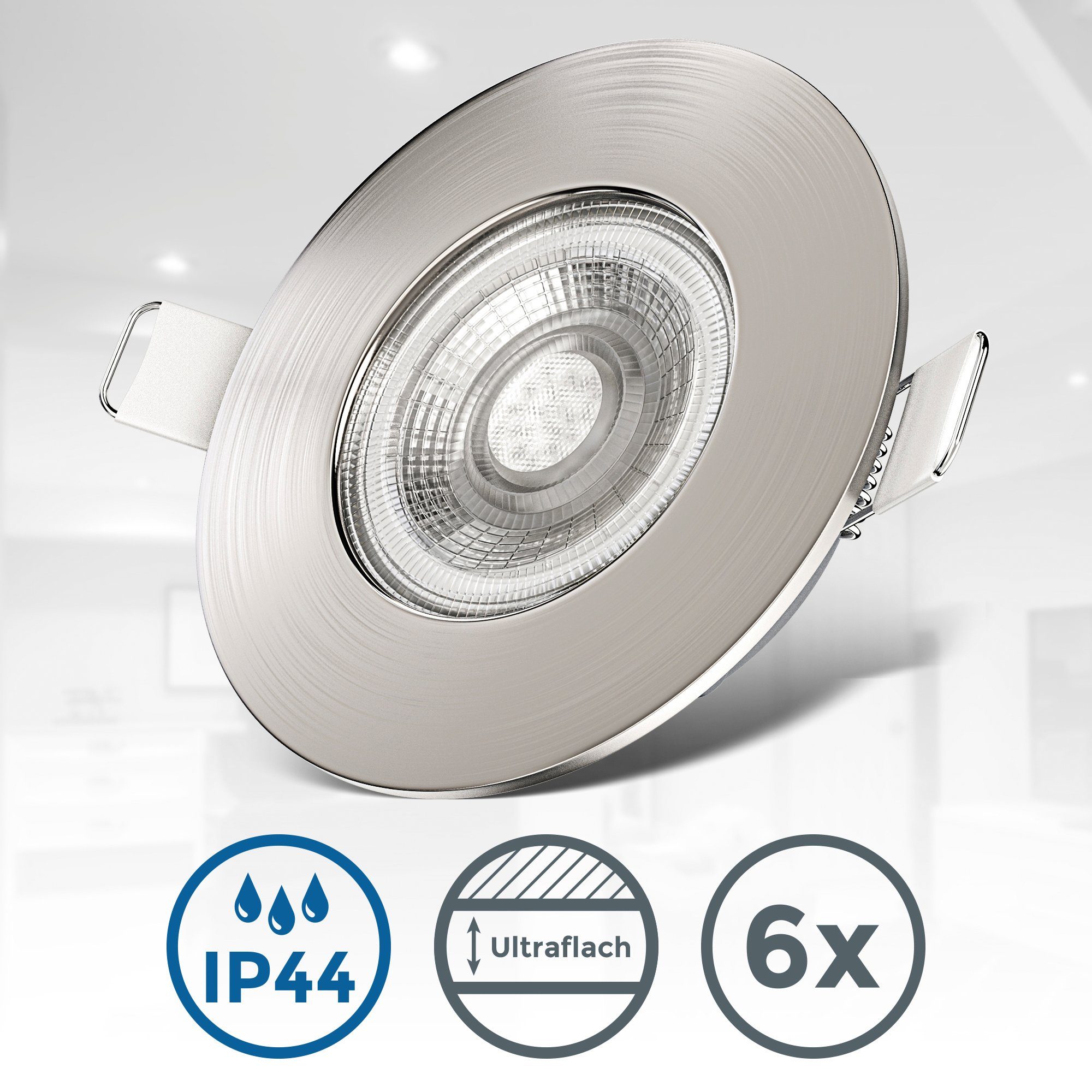 B.K.Licht LED Einbauleuchte BK_EL1278 6er Set Bad Einbaustrahler, IP44 geschützt, flache Spots, LED fest integriert, Warmweiß, 3.000K, 480Lm, 4,9W, Kunststoff, 9 x 2,5 cm, Nickel
