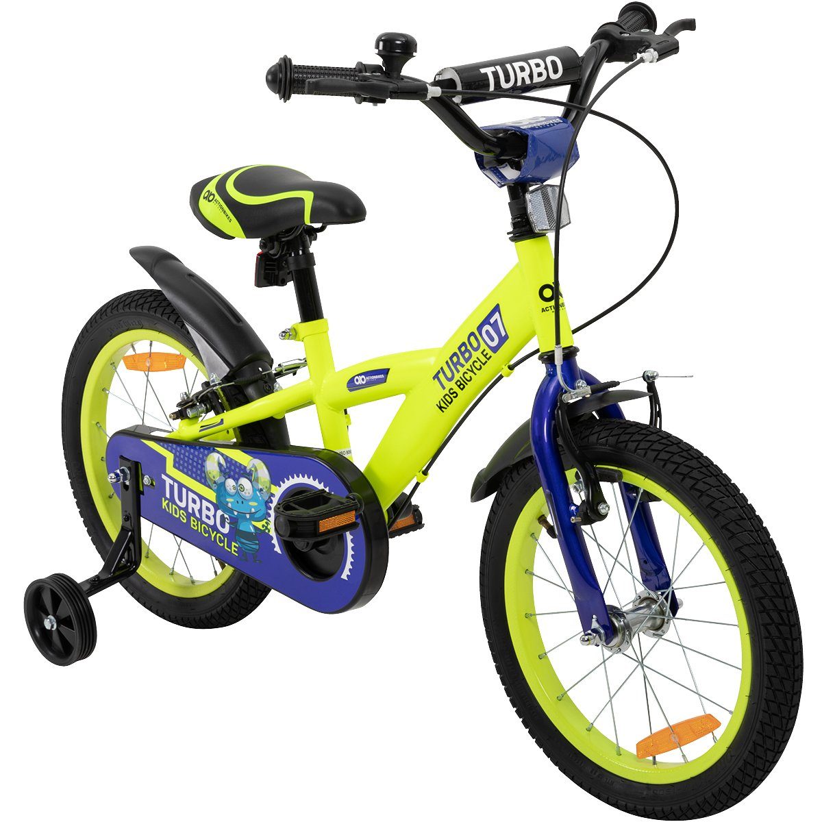 Actionbikes Motors Kinderfahrrad Kinder Fahrrad Turbo mit Stützräder, 1 Gang, ohne Schaltung, (16 Zoll, ab 105 cm Körpergröße, max. Zuladung 40 kg, Reflektoren, Stützräder, Klingel, Antirutschgriffe, Lenkerschutz, Kettenschutz, 1-tlg., V-Brake-Bremse, Luftbereifung, Schutzbleche, gelb / blau), höhenverstellbares Bike Jungen Mädchen Kinderrad ab 4 Jahre