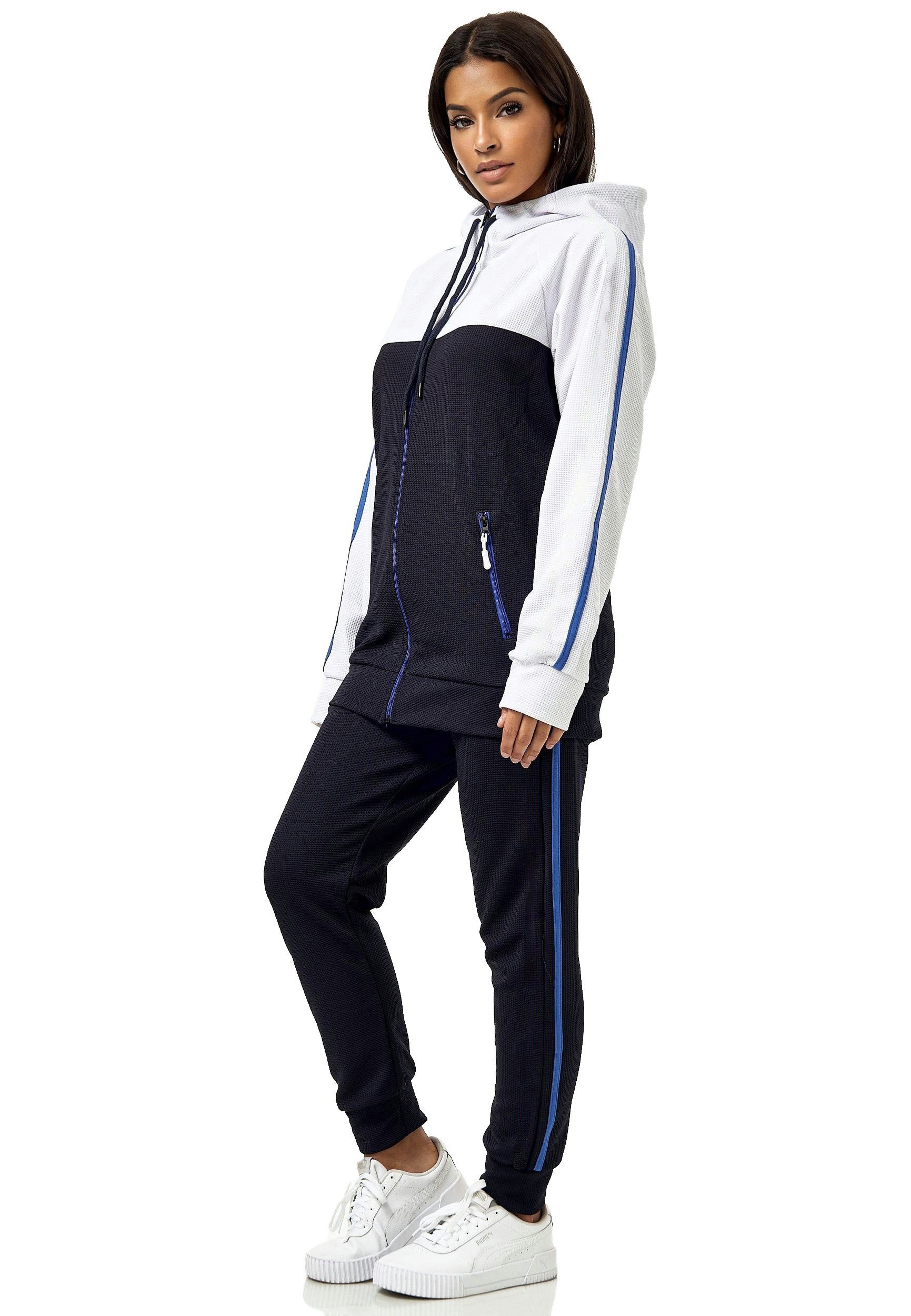 L.gonline Freizeitanzug Damen Jogginganzug Freizeitanzug Sportlich 3750 (Kapuzenjacke mit Reißverschluss, Hose, 2-tlg), mit Streifen