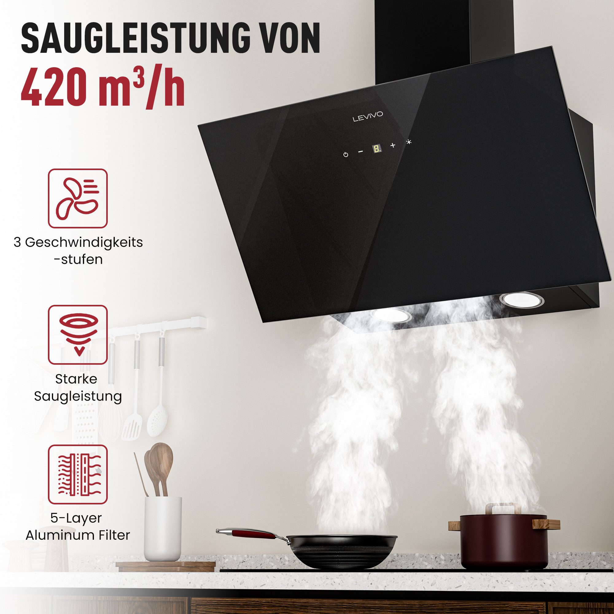Levivo Kopffreihaube A+++ 420 m³/h Dunstabzugshaube 60cm Umluft & Abluft A+++ 420 m³/h Dunstabzugshaube 60cm Umluft & Abluft, Aktivkohlefiltern, Fettfiltern, LED-Beleuchtung