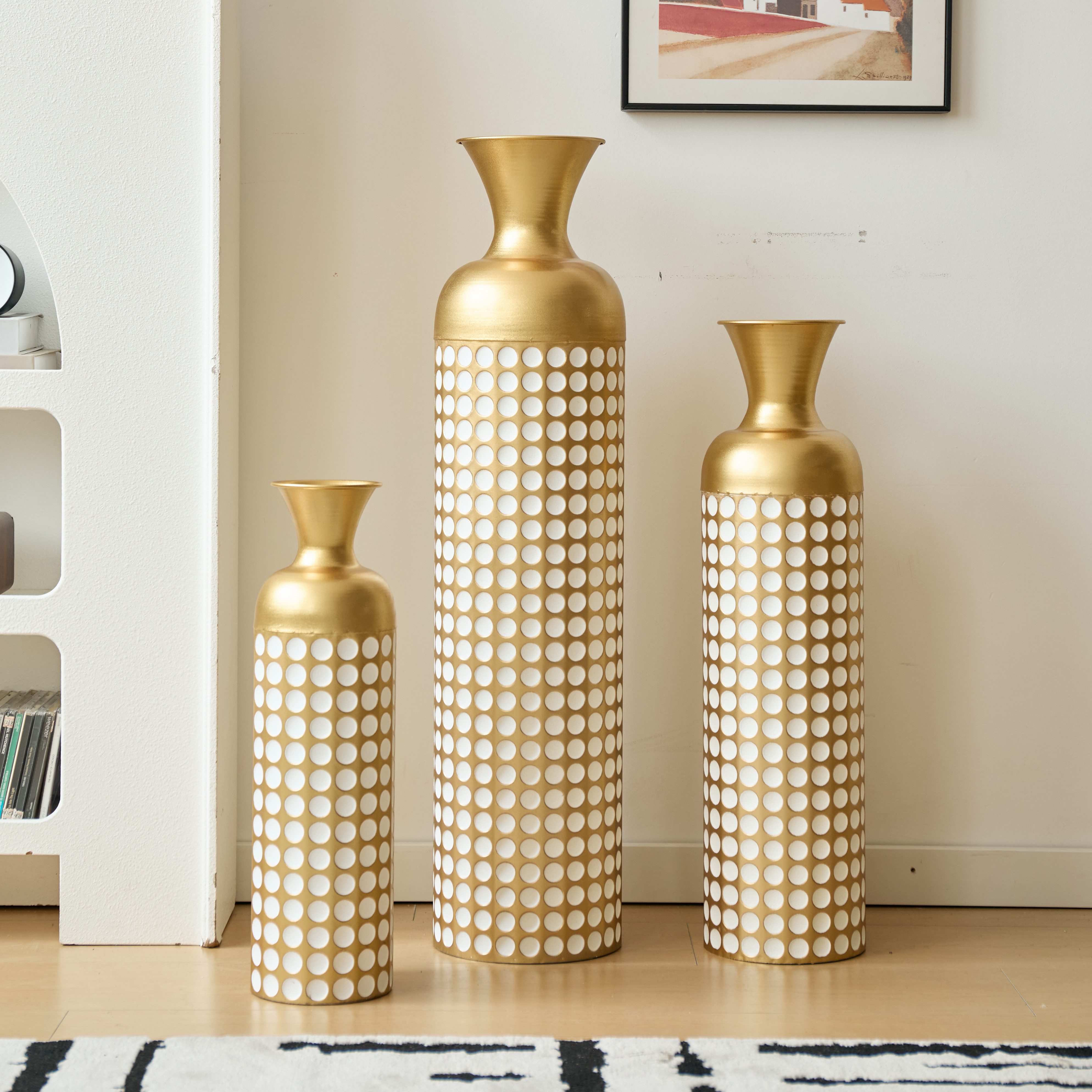 Celya Bodenvase Boden bis zur Decke reichende Vase – 83/65/50 cm hohes Metallvasen Set (für Wohnzimmer und Schlafzimmer, mit Pampasgraszweig, vom Boden bis zur Decke reichend), 3 Retro-Vasen vom Boden bis zur Decke, hohe dekorative Vase
