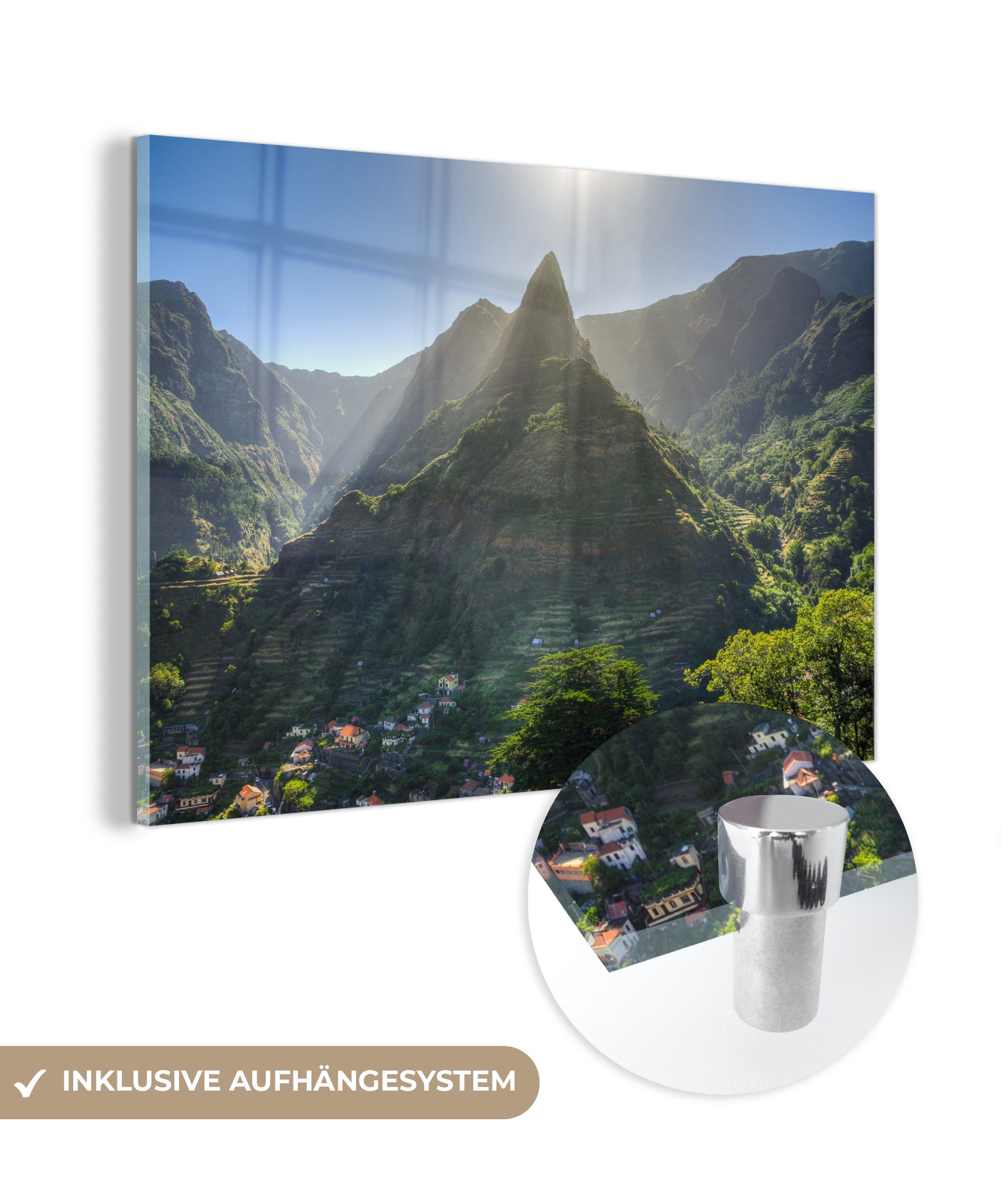 MuchoWow Acrylglasbild Das Sonnenlicht scheint auf einen Berggipfel auf Madeira, (1 St), Acrylglasbilder Wohnzimmer & Schlafzimmer
