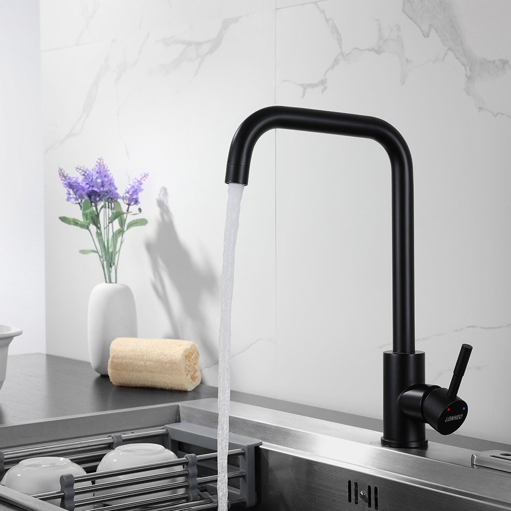 Küchenarmatur Spültischarmatur Anschlussschläuche Niederdruck Lonheo Schwarz 3 Wasserhahn mit Schwenkbar 360° Küche