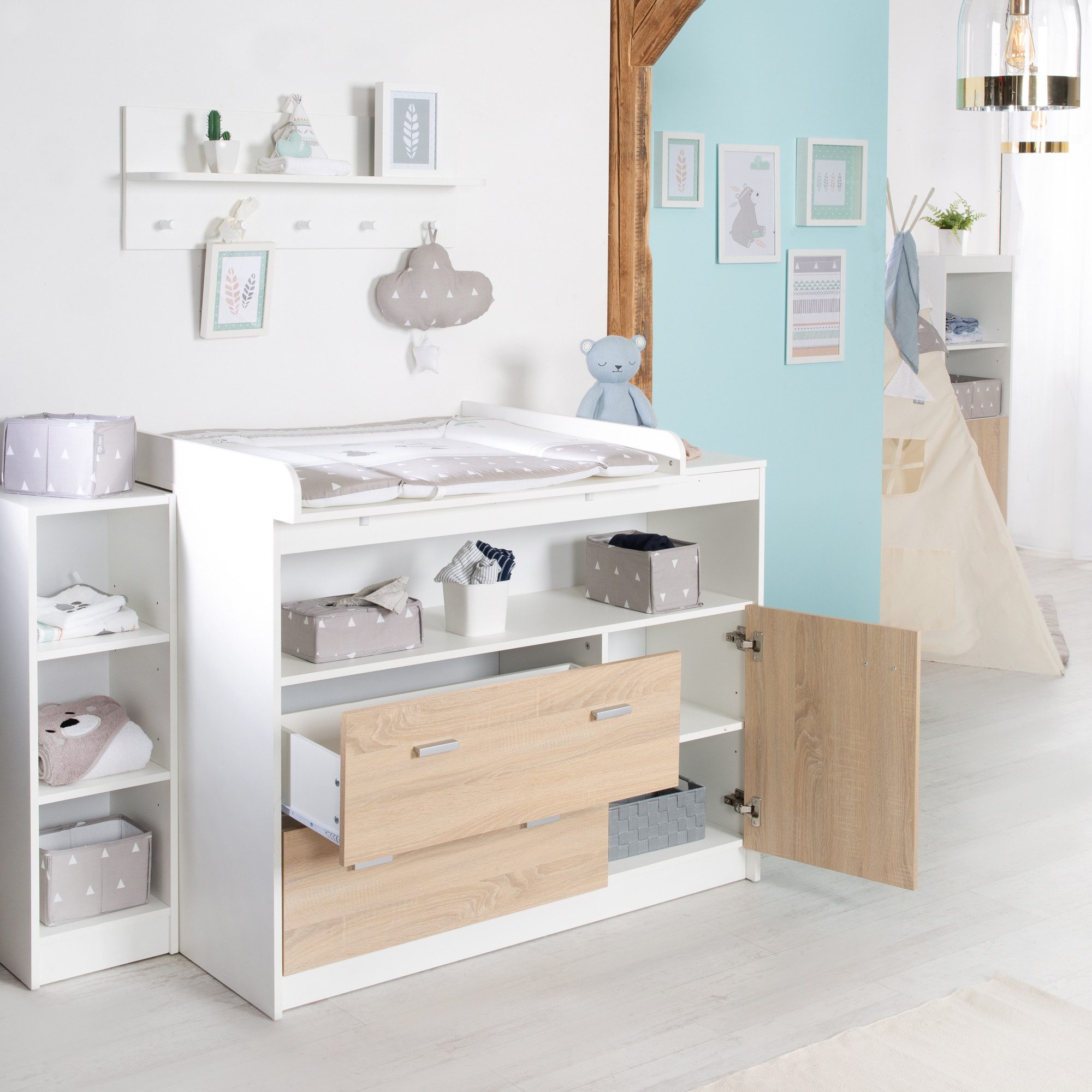 roba® Gabriella 3-piece baby room set - Made of wood - Bicolor - White & Sonoma Oak, (3-piece set, with wide or narrow changing table), crib, changing table & 3-door wardrobe