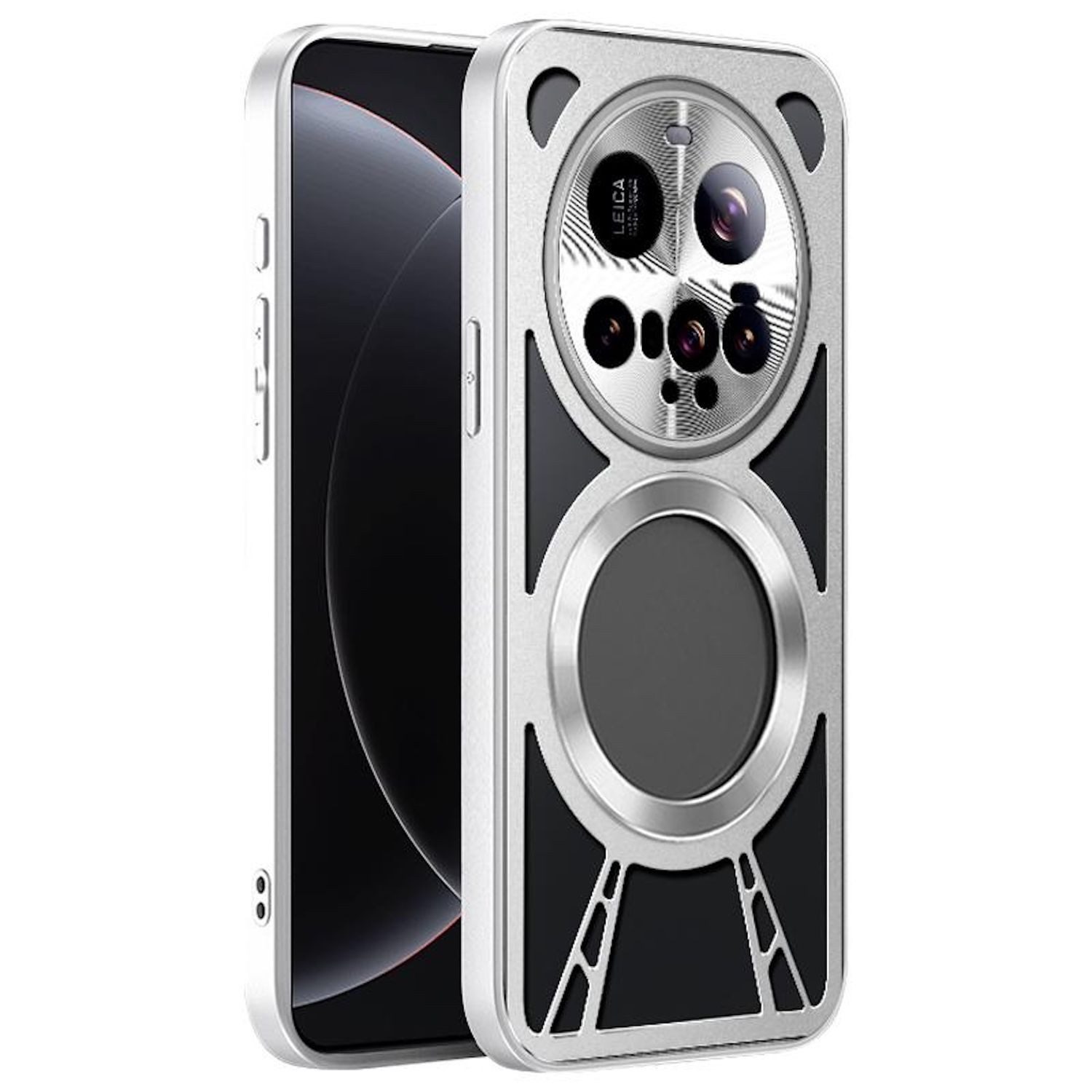 Wigento Handyhülle Für Xiaomi 15 Ultra Design Metall Silikon MagSafe Kühl Hülle Silber, MagSafe Metallhülle mit Hohlstruktur und Kühlfunktion