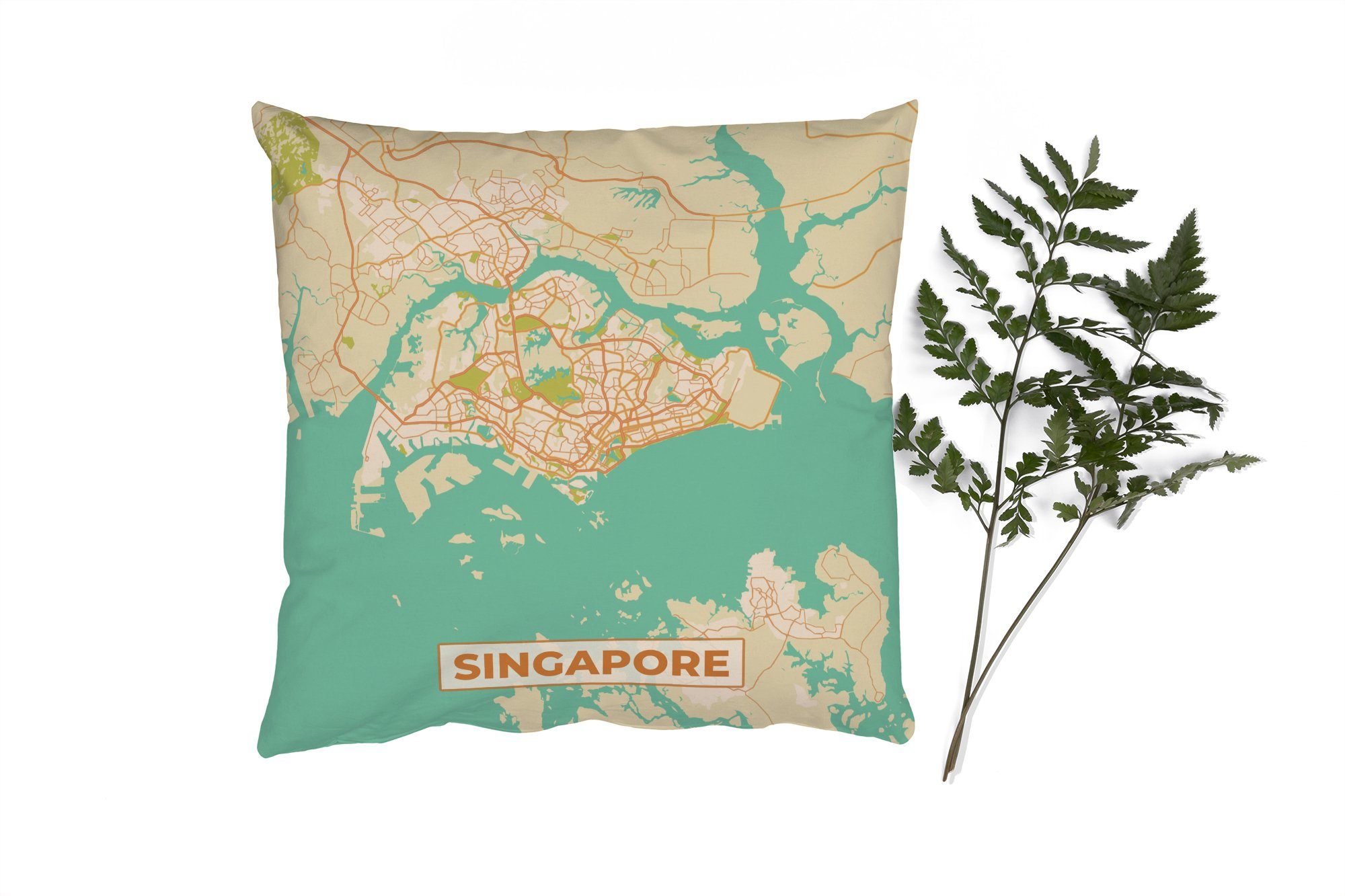Karte, mit - Singapur Karte Dekokissen - Stadtplan - Sofakissen Zierkissen Deko, Schlafzimmer, Vintage MuchoWow für Wohzimmer, Füllung -