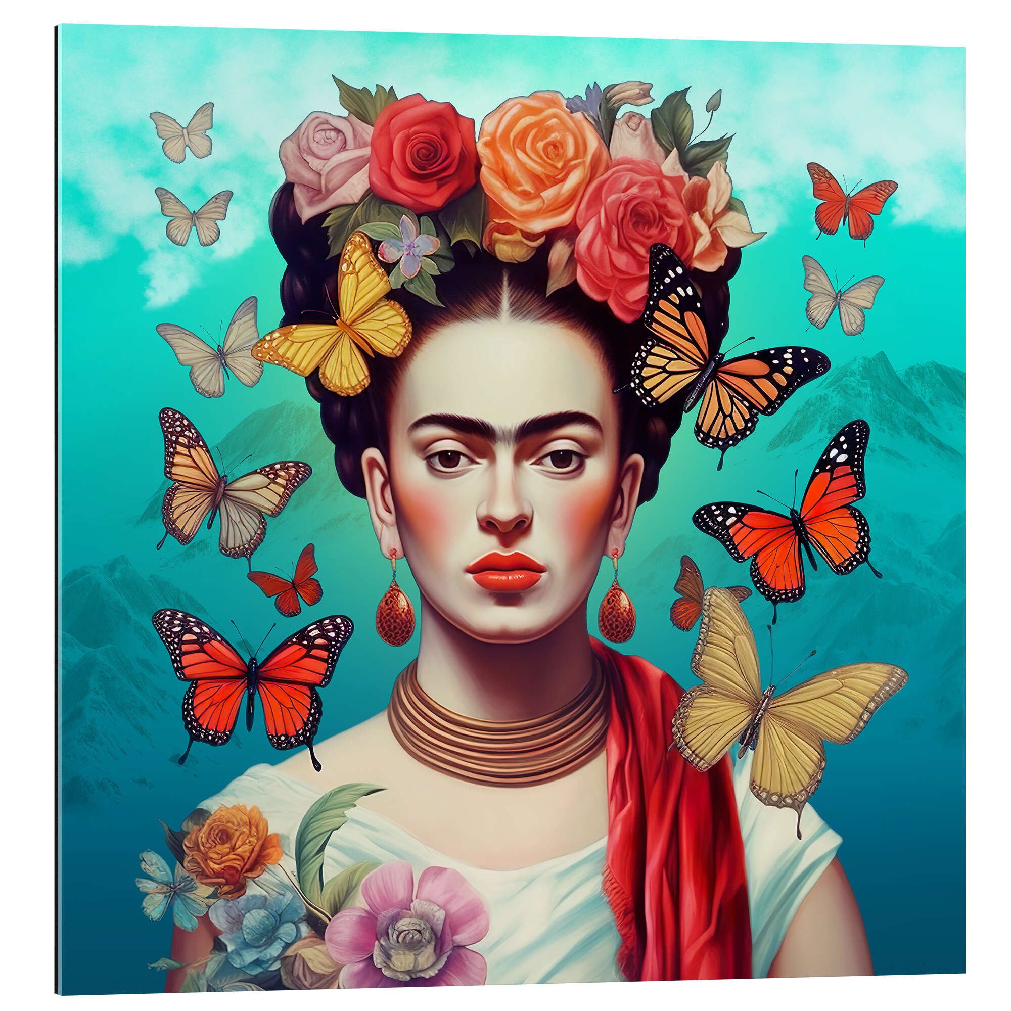 Posterlounge XXL-Wandbild Mark Ashkenazi, Frida Kahlo und fliegende Schmetterlinge, Modern Malerei