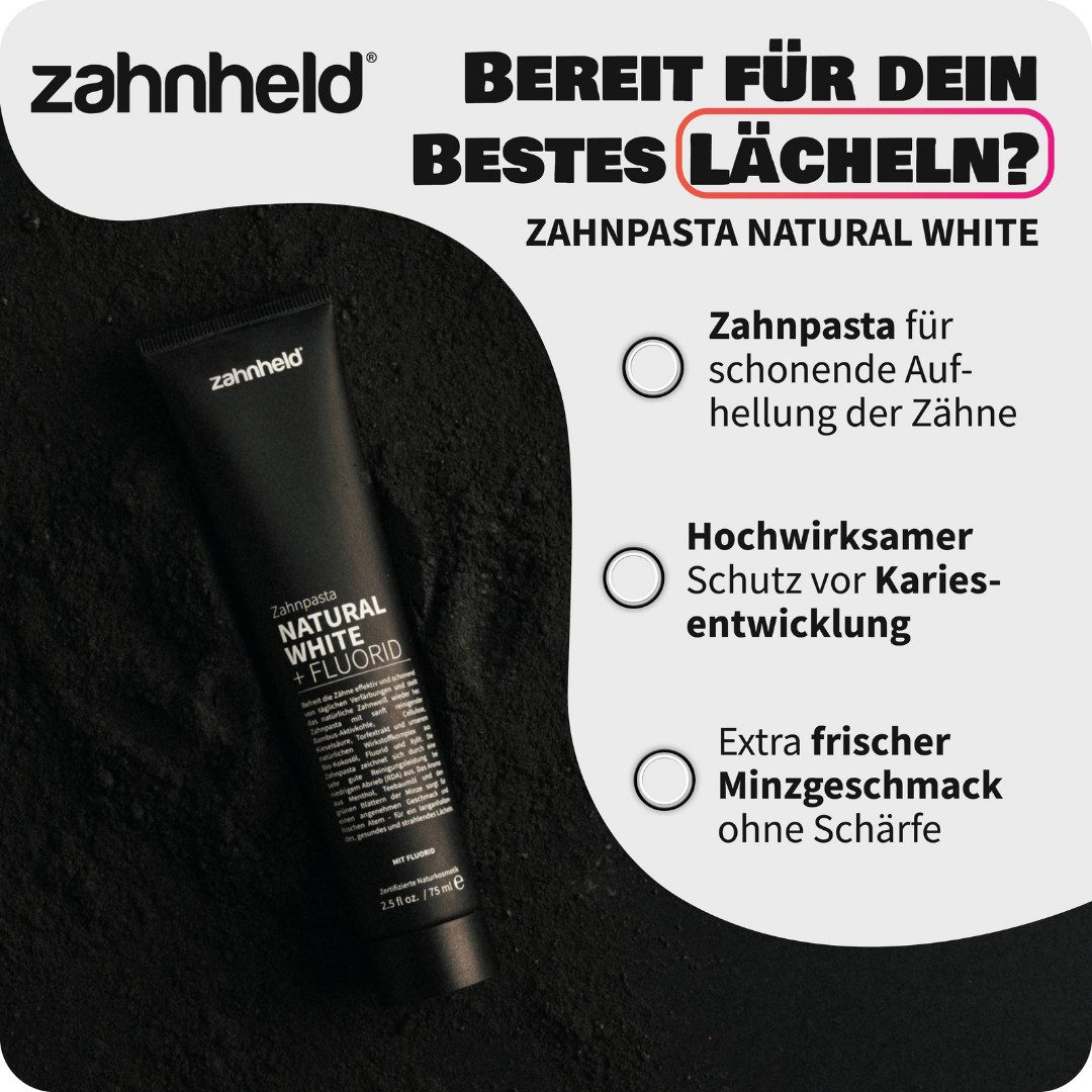 Zahnheld Zahnpasta Natural White Zahncreme mit Aktivkohle & Flourid - für hellere Zähne, Zahnpflege mit Torfextrakt, Bambus-Aktivkohle, Kieselsäure & Cellulose