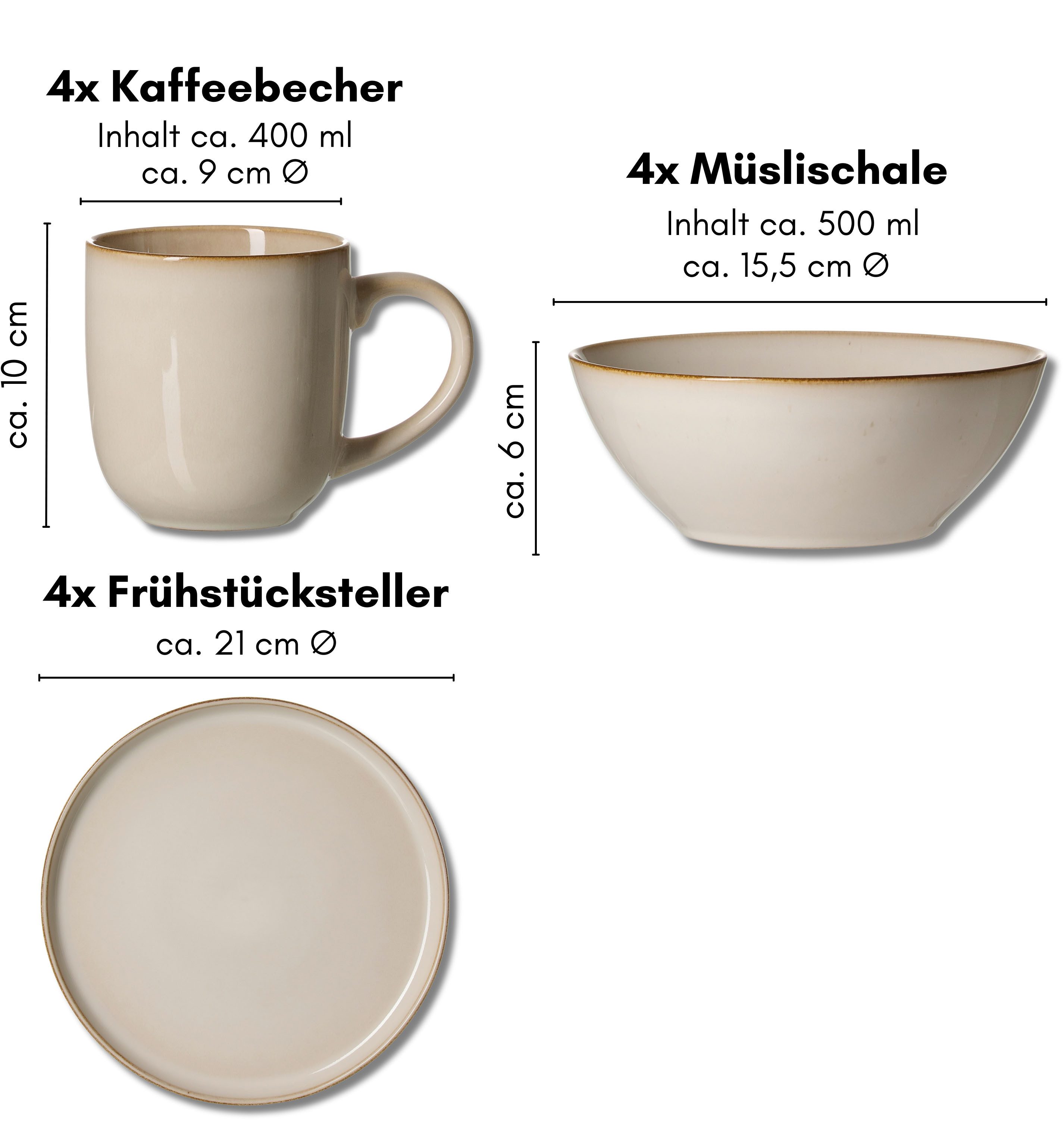 Ritzenhoff & Breker Frühstücks-Geschirrset Olivia (12-tlg), 4 Personen, Steingut, Reatkivglasur, jedes Stück ein Unikat – Bild 4 von 4