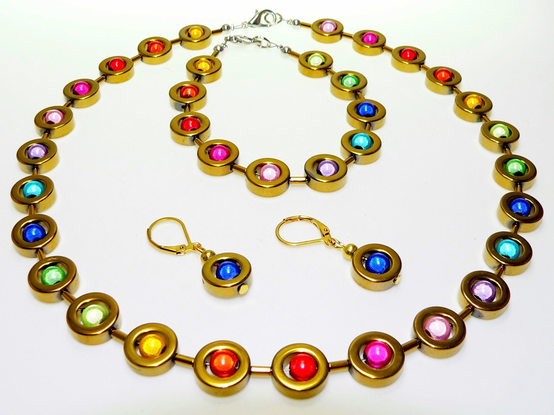 traumschmuck Schmuckset 486f 3er Schmuckset Hämatit Ring gold, glänzende Miracle Perlen bunt (incl. Schmuckbox), handgefertigt, Made in Germany