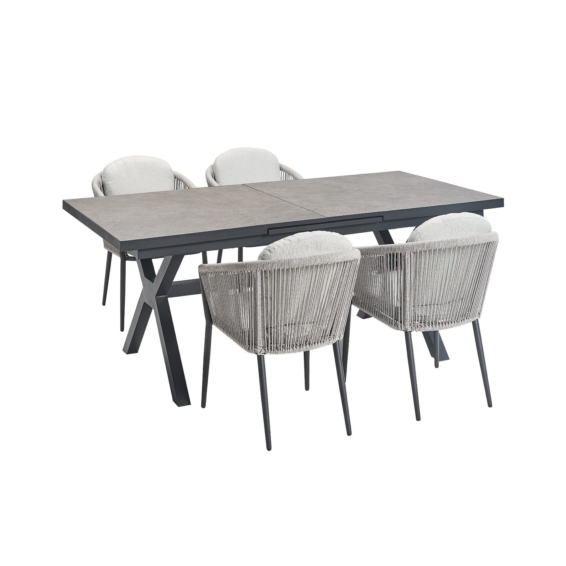 Liadomo Garten-Essgruppe Latina/Benevento, Gartentisch mit Stapelstühlen, Gartenmöbel-Set, (Outdoor-Set, 5-tlg., 1 Tisch 200/260x100 cm, 4 Stühle), Tisch mit Synchronauszug, Sinterstein Tischplatte, Rope