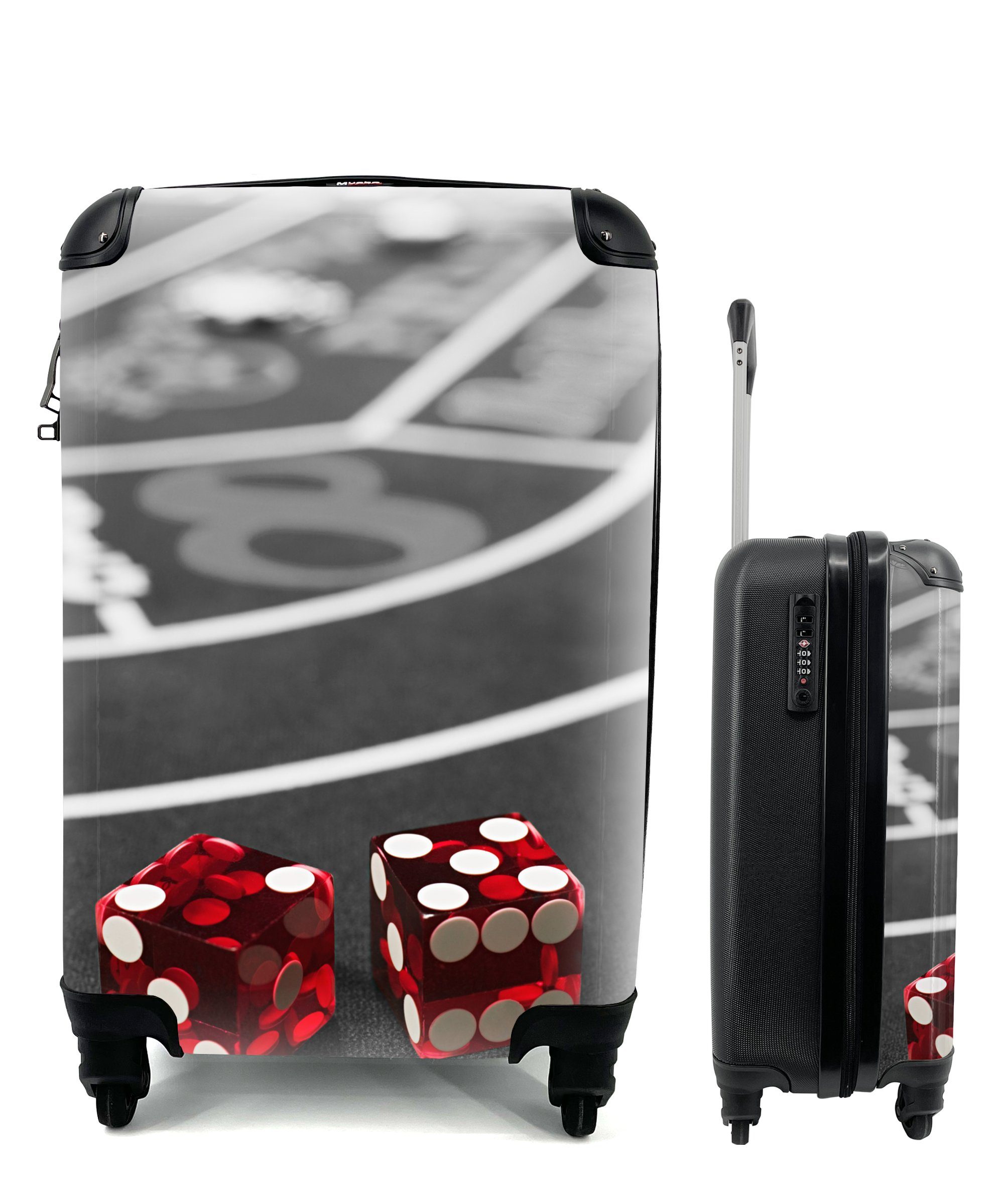 MuchoWow Handgepäckkoffer Ein Schwarz-Weiß-Foto von einem Pokertisch mit roten Würfeln, 4 Rollen, Reisetasche mit rollen, Handgepäck für Ferien, Trolley, Reisekoffer