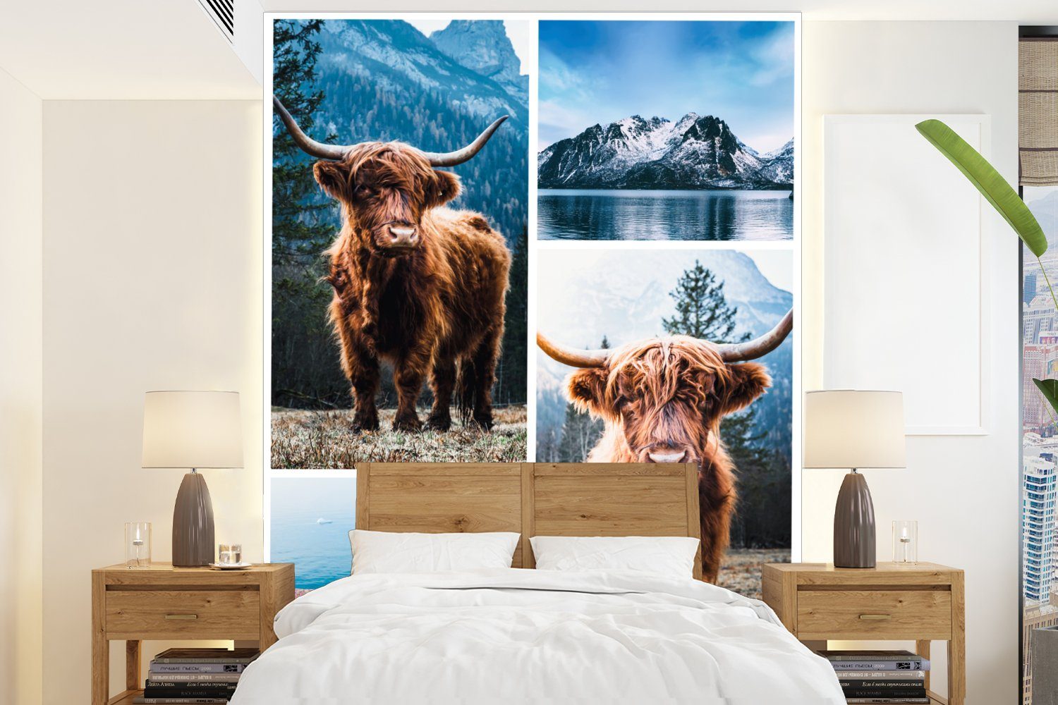 MuchoWow Fototapete Schottischer Highlander - Tiere - Collage, Matt, bedruckt, (4 St), Montagefertig Vinyl Tapete für Wohnzimmer, Wandtapete