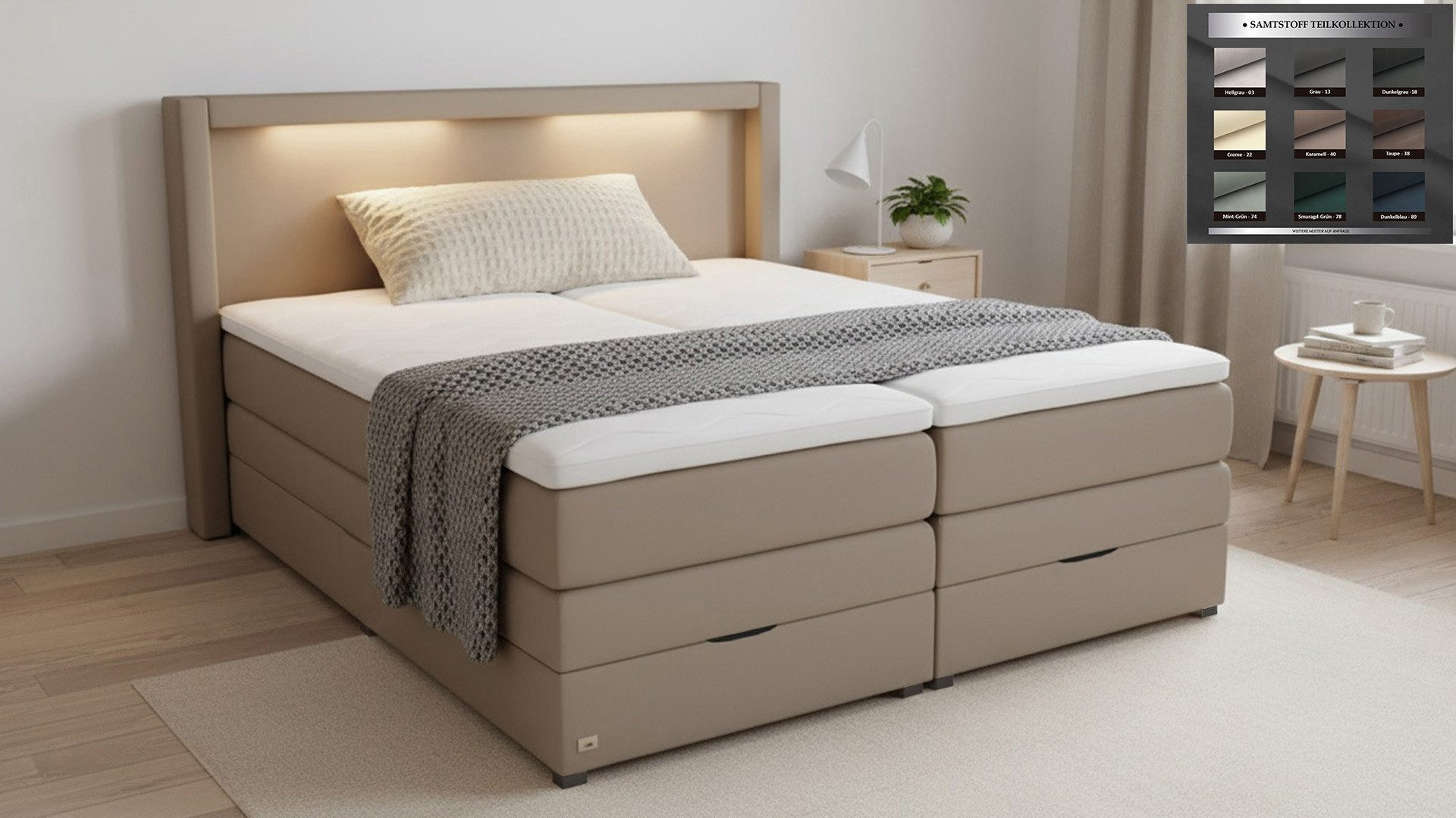 PAARA Boxspringbett Barcelona Bettkasten Kopfteil verstellbar LED Licht, inkl. Matratze und Topper, mit einzigartigem Belüftungssystem