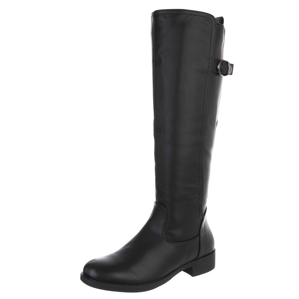 Ital-Design Damen Langschaftstiefel mit Blockabsatz und Zierbuckle Stiefel (92392415) Blockabsatz Flache Stiefel in Schwarz