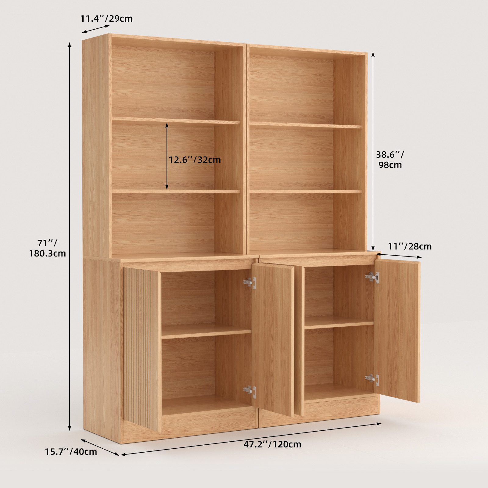 VOWNER Bücherregal 5-stöckig mit 2 Holztüren, 180 cm hoher Standregal mit offenen Fächern, 2-tlg., Mehrzweckschrank, Wohnzimmerschrank, Küchenregal, Sideboard – Bild 2 von 5