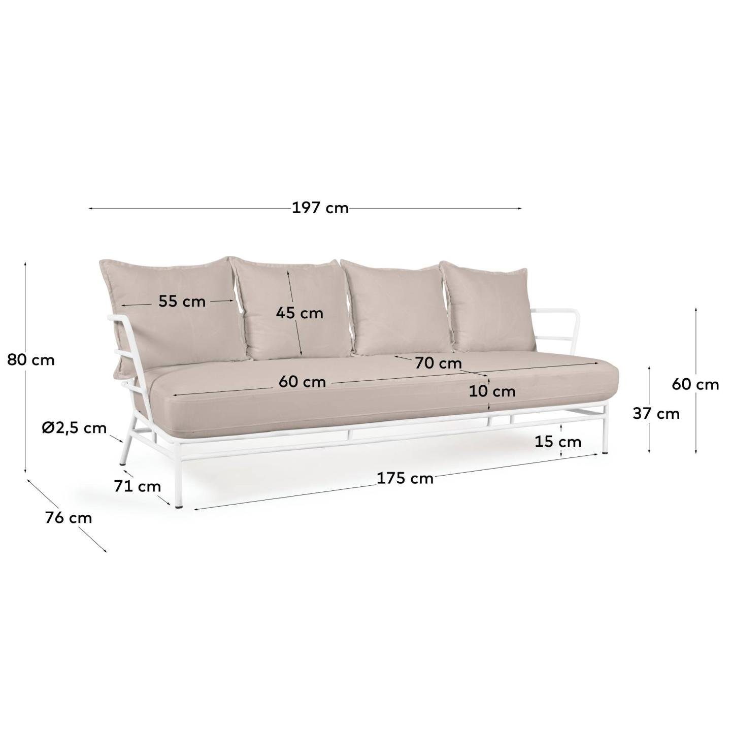 Sofa Sofa Mareluz Stahl Couch 60 197 cm Wohnzimmern 3-Sitzer x x Natur24 75