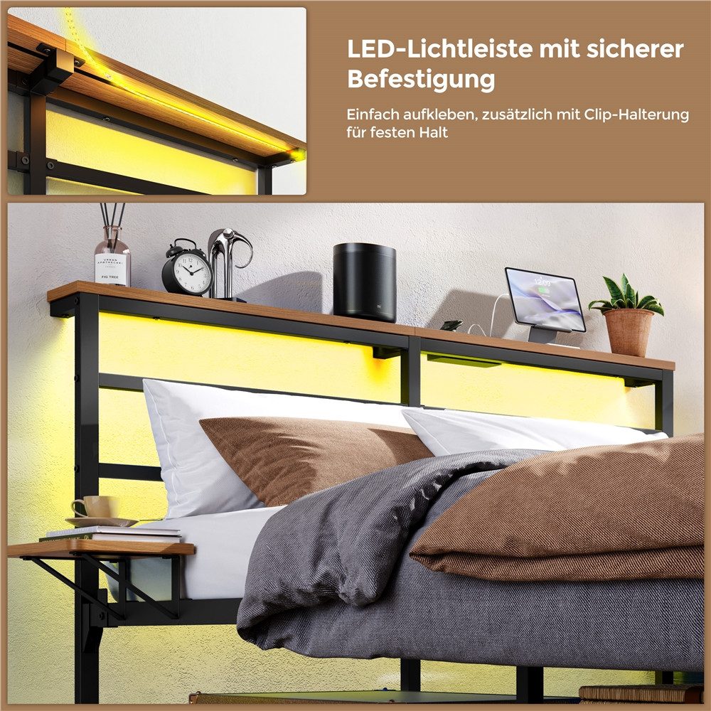 Yaheetech Bettgestell mit LED-Beleuchtung & Ladestation & Seitlicher Ablage, Doppelbett 140 × 200 cm Metallbett mit Stauraum unter dem Bett