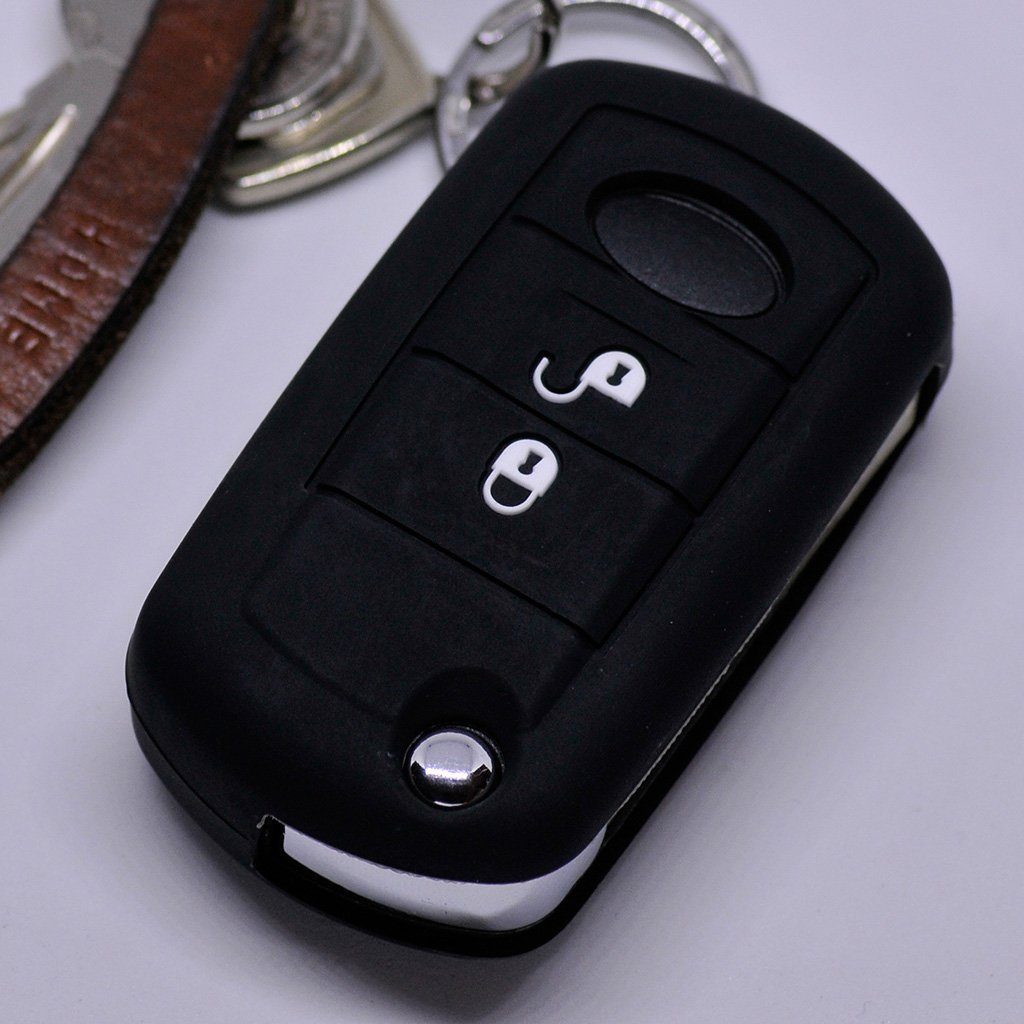 mt-key Schlüsseltasche Autoschlüssel Softcase Silikon Schutzhülle Schwarz, für Land Rover Discovery 3 Range Rover LR3 2 Tasten Klappschlüssel