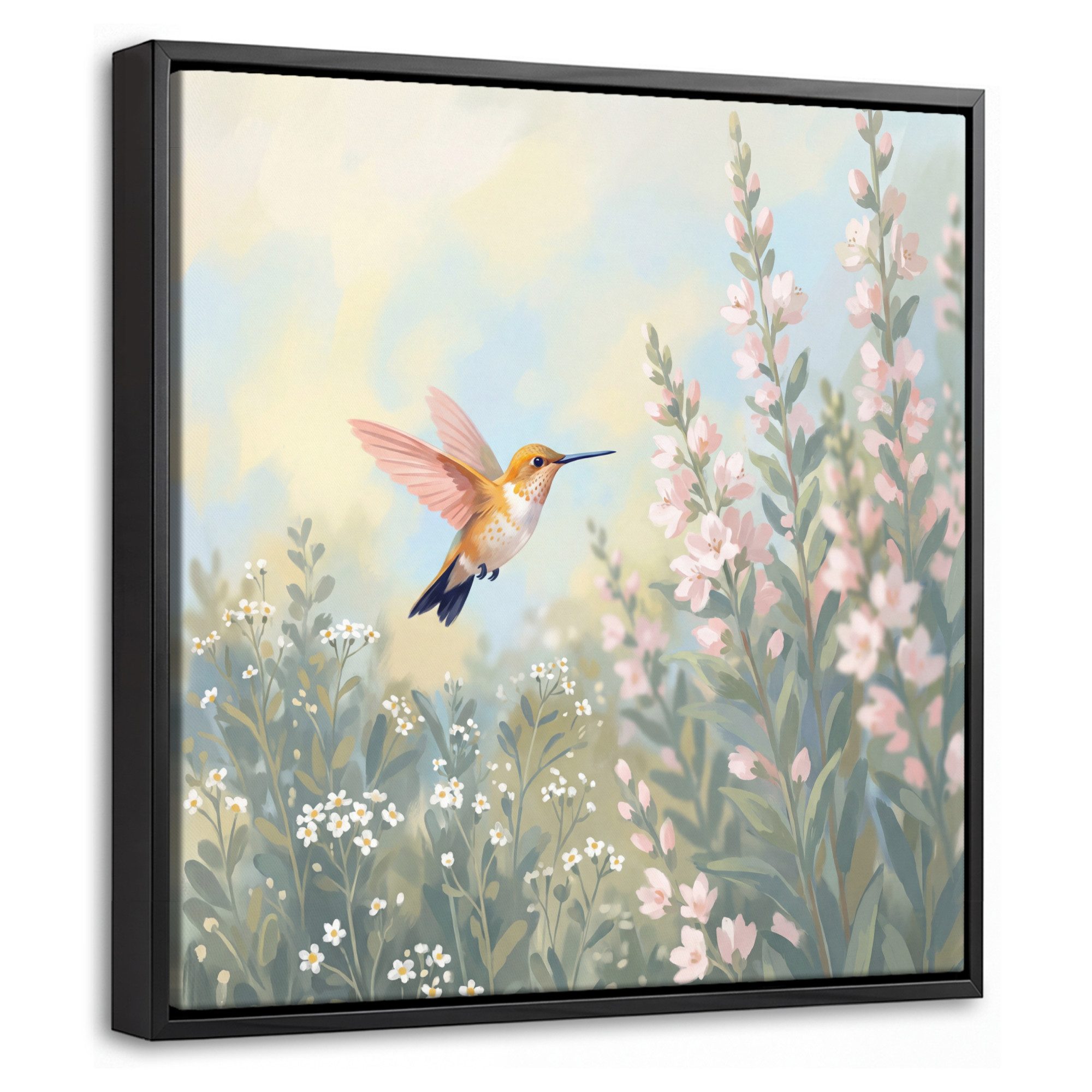 OneMillionCanvasses® Leinwandbild mit Rahmen - Kolibri - Illustration - Farbenfroh, Fotodruck (1 St), Leinwand Bilder Klein, Wand Dekoration Aesthetic 20x20cm