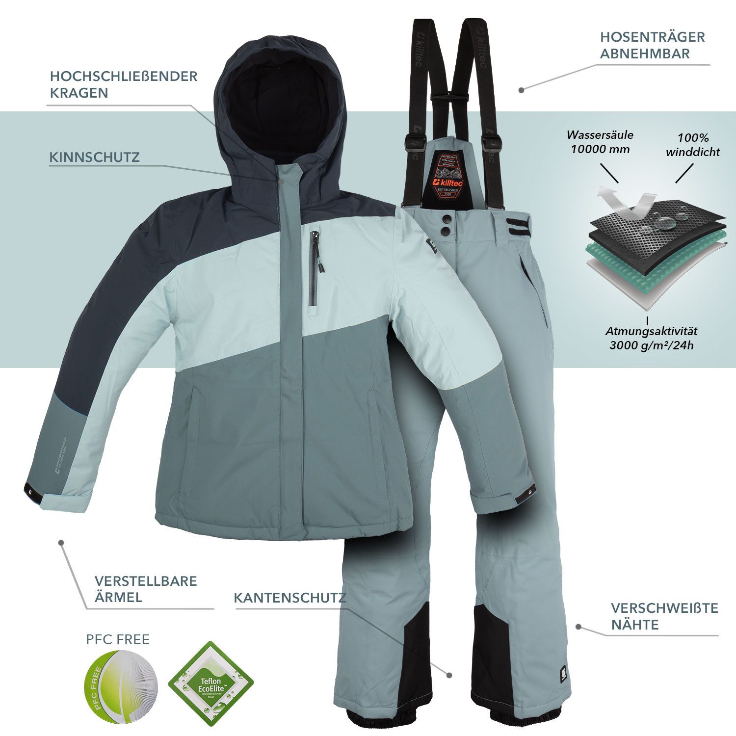 Killtec Skianzug Mädchen Skijacke + Skihose, atmungsaktiv - wasserdicht - mit Schneefang
