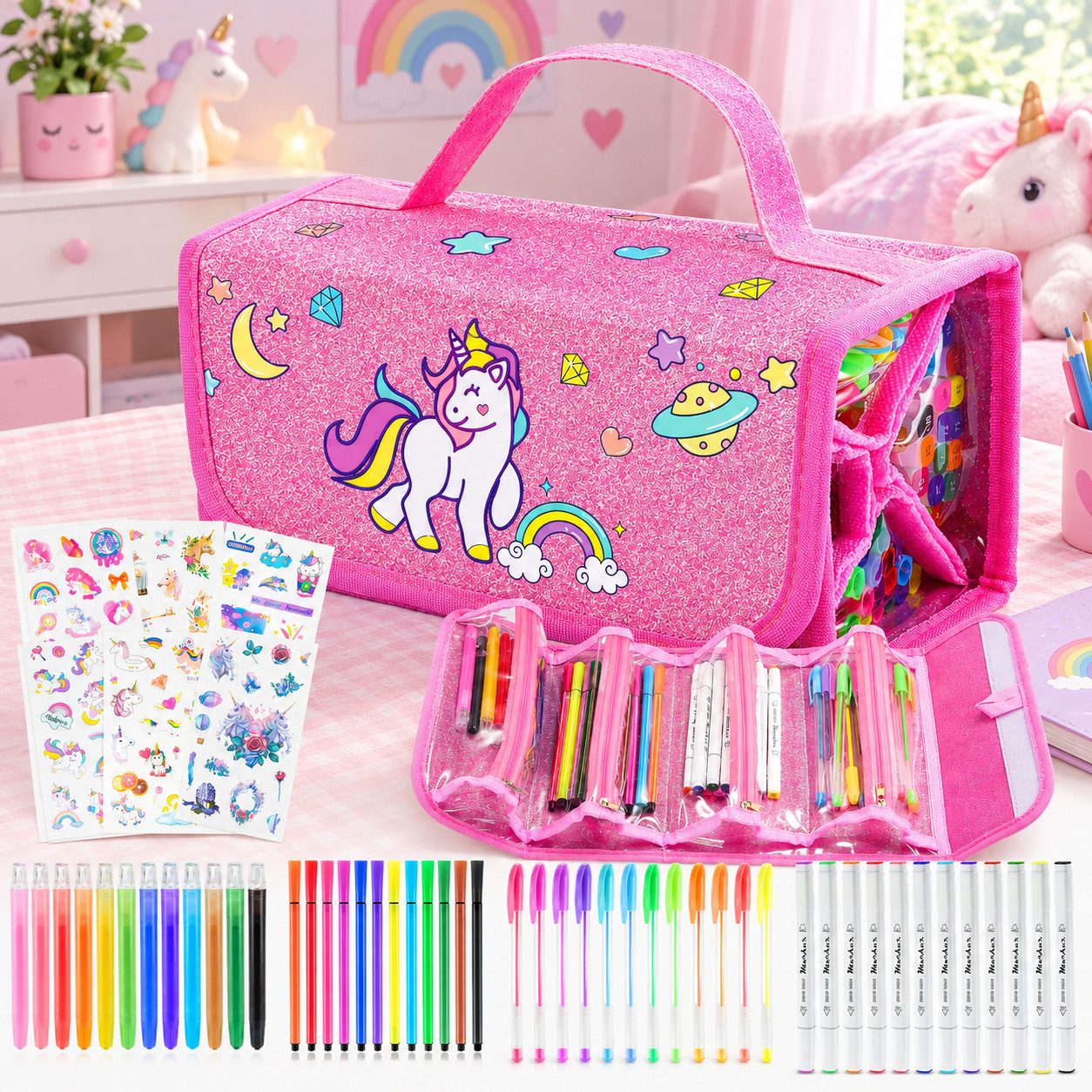 Wootoy Buntstift Einhorn Malset mit Federmäppchen 54-teiliges Kreativset Glitzerstiften, (Federmäppchen mit 4 Reißverschlussfächern und Tragegriff, 54-tlg., mit – Bild 2 von 5