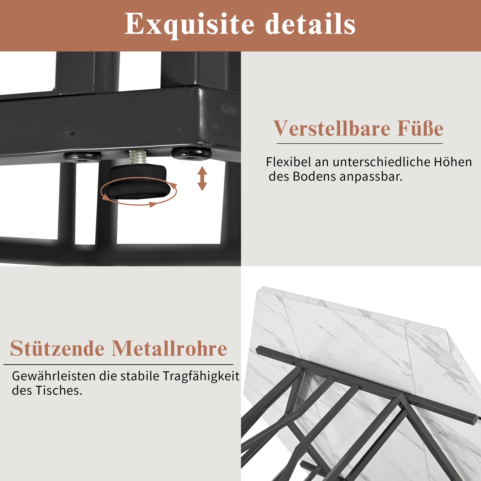 Flieks Esstisch sechseckiger Küchentisch (115,5x100x75 cm, 1-St., 1 Tisch), Schreibtisch mit weiße Marmoroptik und schwarzes Metallzweiggestell – Bild 5 von 5